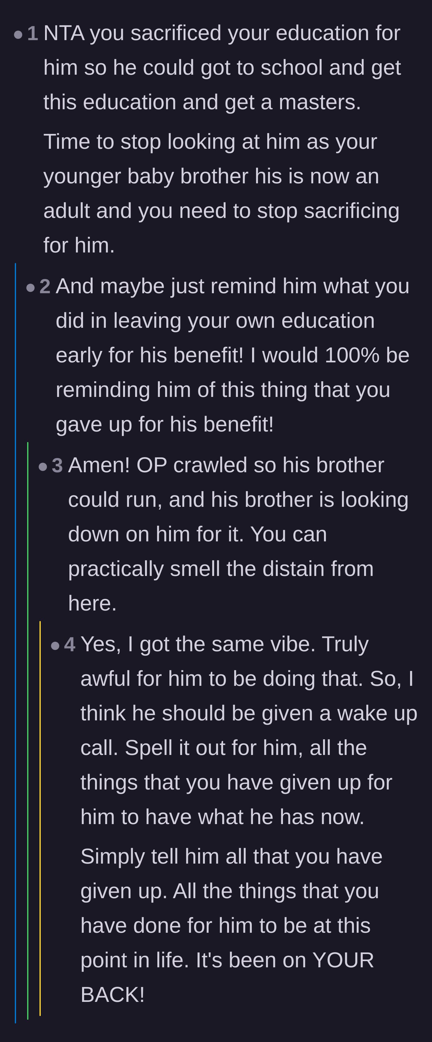 Comment thread 6 - Commenters reminding OP to stop acting like a parent and call out his past sacrifices.