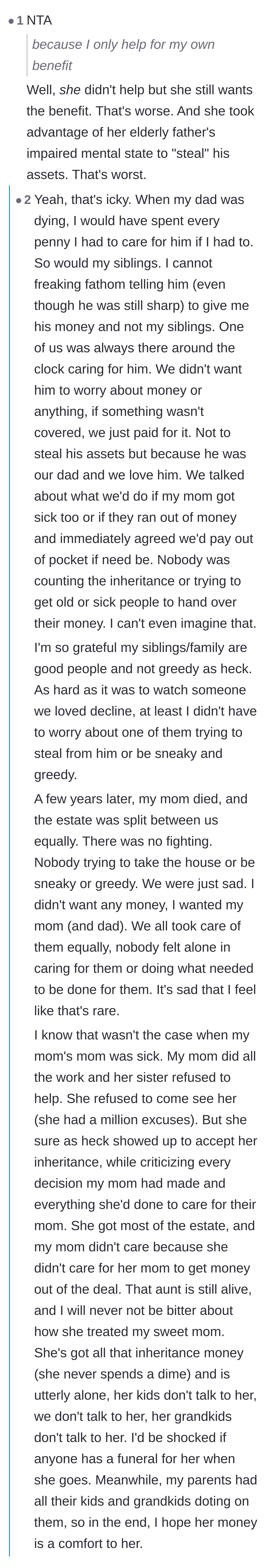 Comment thread 2 - A user shares a sad, personal story contrasting siblings who cared for dying parents out of love with an absentee aunt who only showed up for the inheritance.