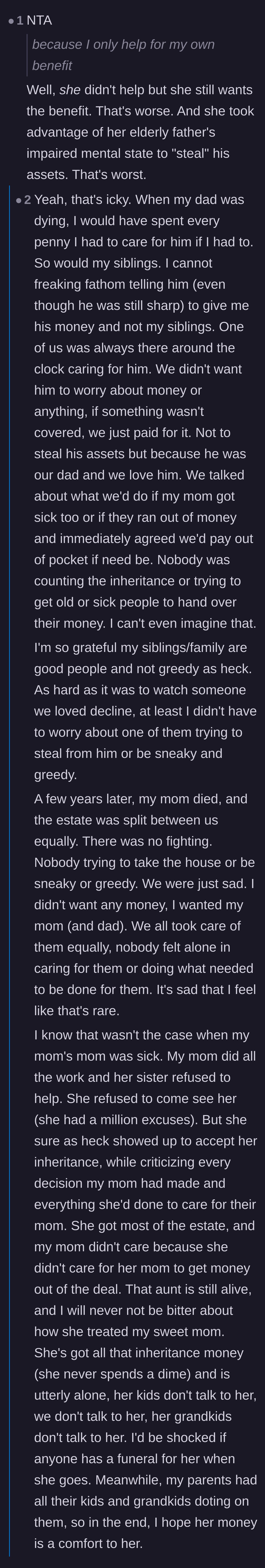 Comment thread 2 - A user shares a sad, personal story contrasting siblings who cared for dying parents out of love with an absentee aunt who only showed up for the inheritance.
