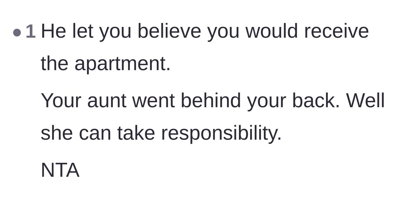 Comment thread 4 - A short, direct comment pointing out that since the aunt went behind the author's back for the asset, she gets the responsibility too.