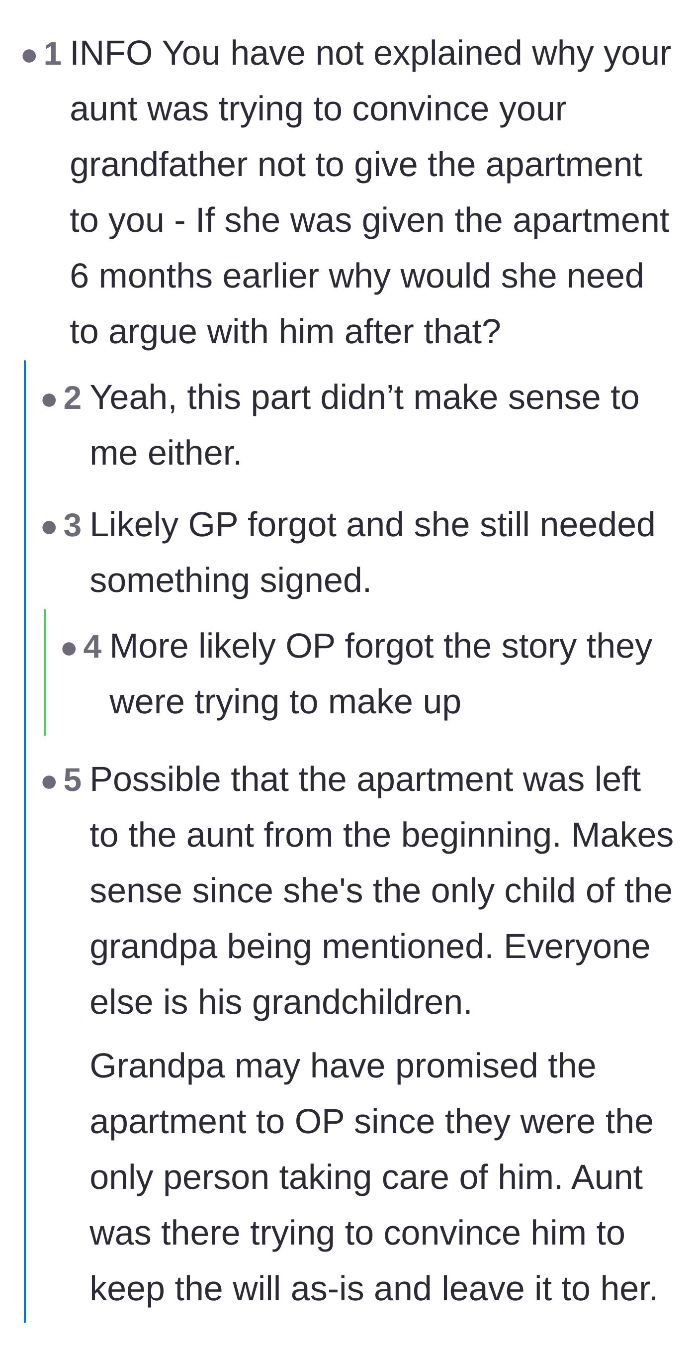 Comment thread 6 - A skeptical thread debating a potential plot hole about why the aunt was still arguing with the grandfather if the apartment was already hers.