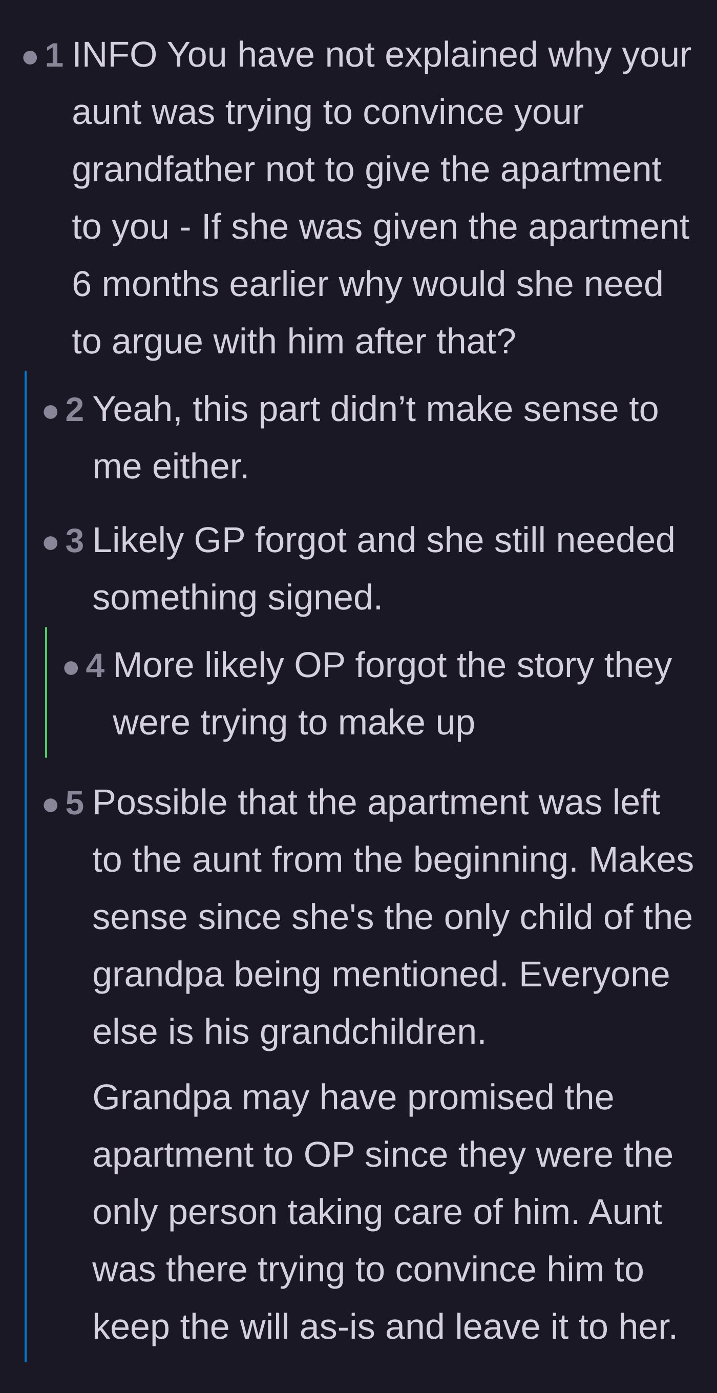 Comment thread 6 - A skeptical thread debating a potential plot hole about why the aunt was still arguing with the grandfather if the apartment was already hers.