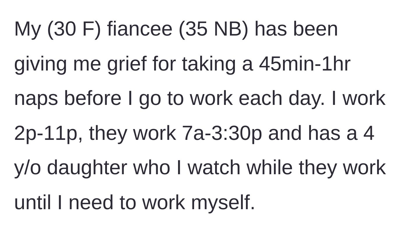 Story part 1 - The author explains her grueling opposite-shift work schedule and her daily routine of providing free childcare for her partner's 4-year-old daughter.