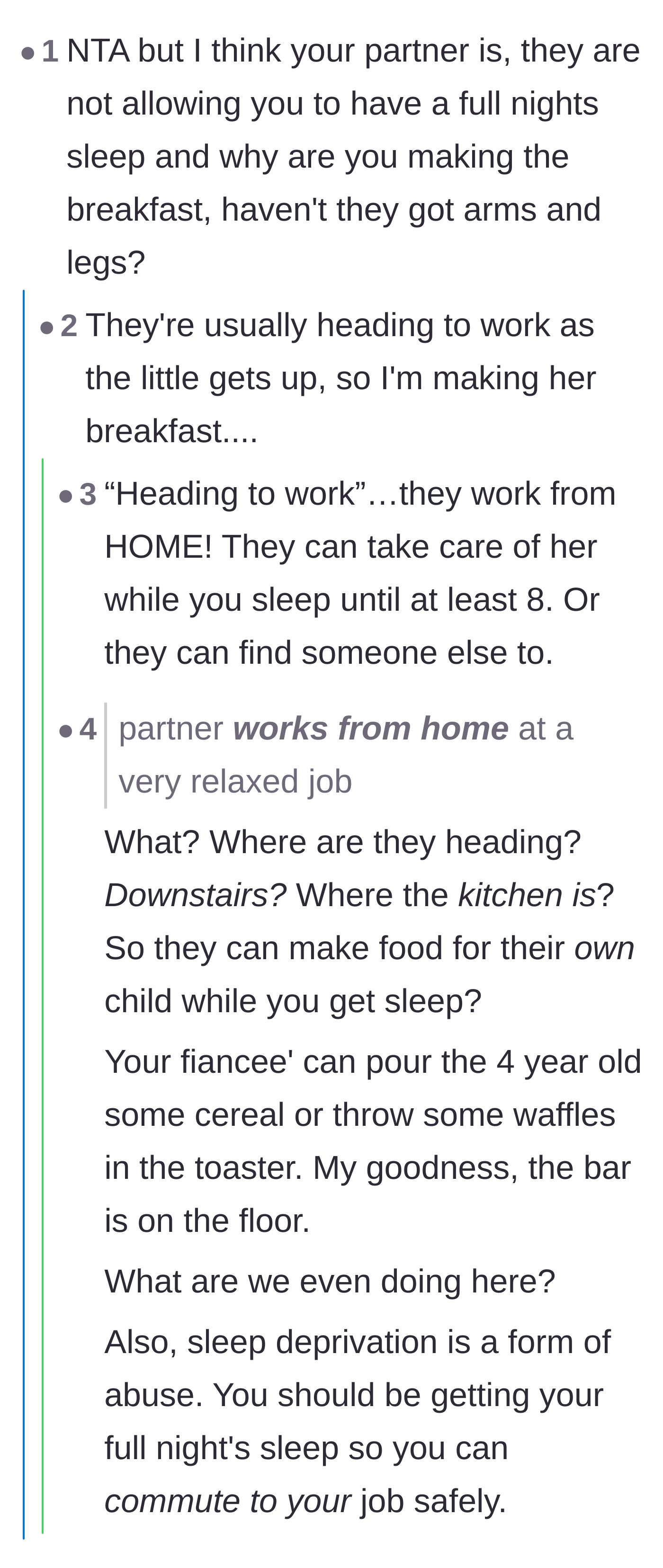 Comment thread 1 - Readers pointing out the absurdity of a partner working from home but refusing to make their own child breakfast.