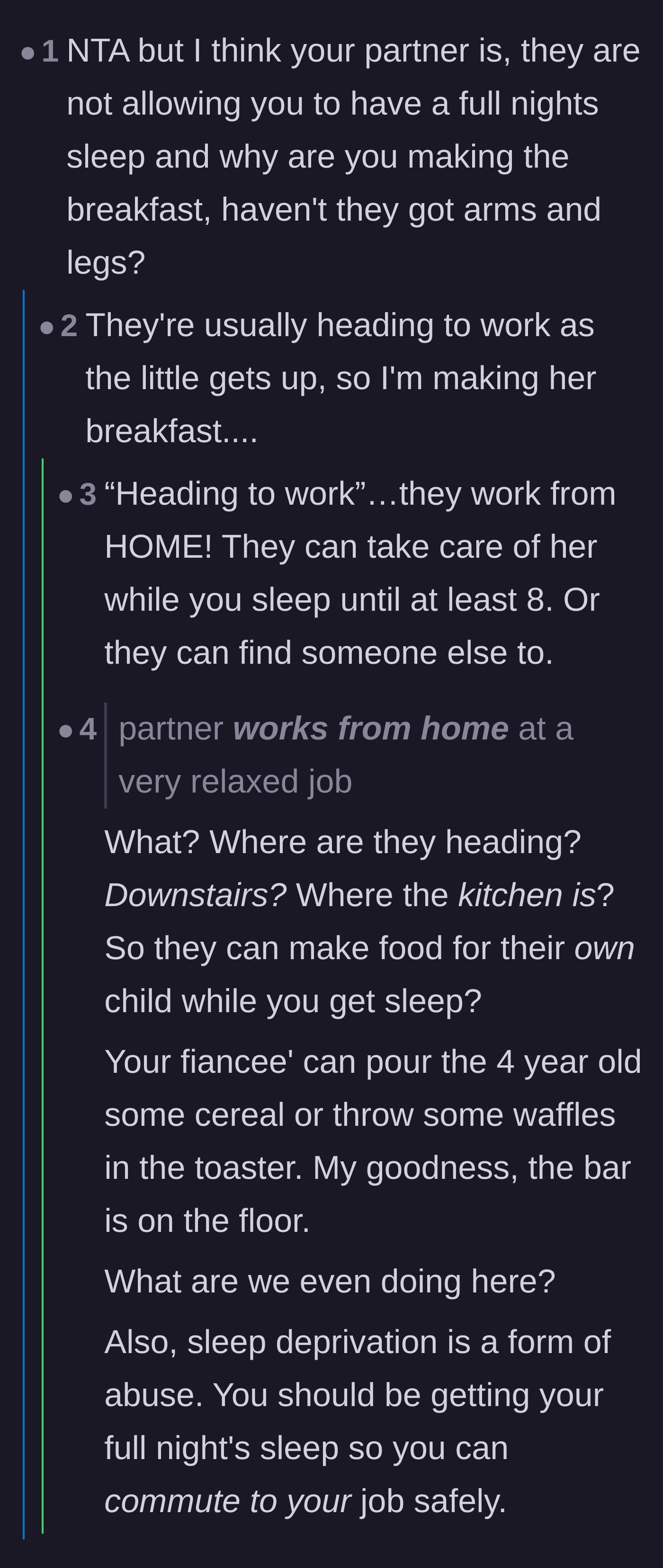 Comment thread 1 - Readers pointing out the absurdity of a partner working from home but refusing to make their own child breakfast.