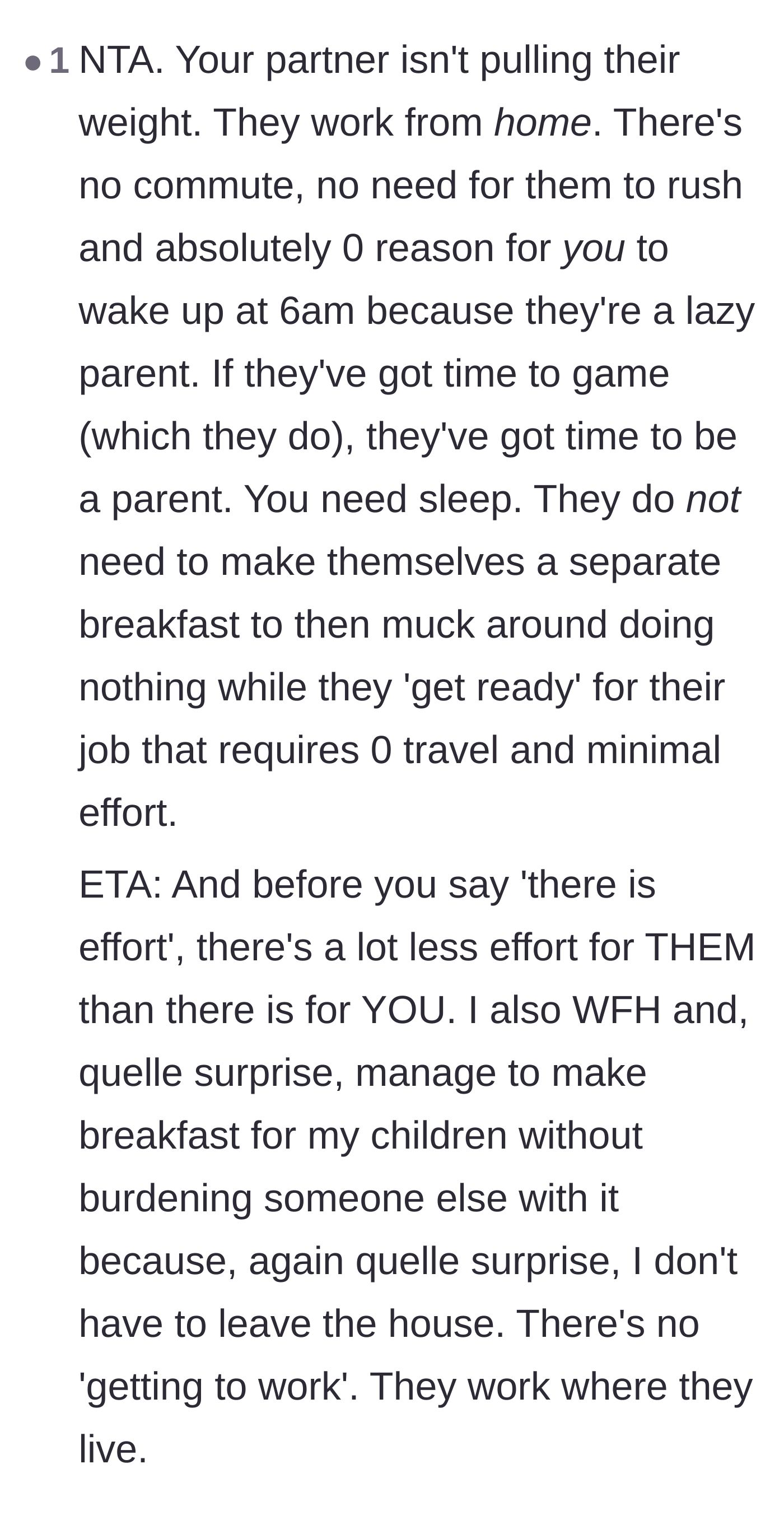 Comment thread 5 - Fellow work-from-home parents calling out the partner's laziness and gaming habits.