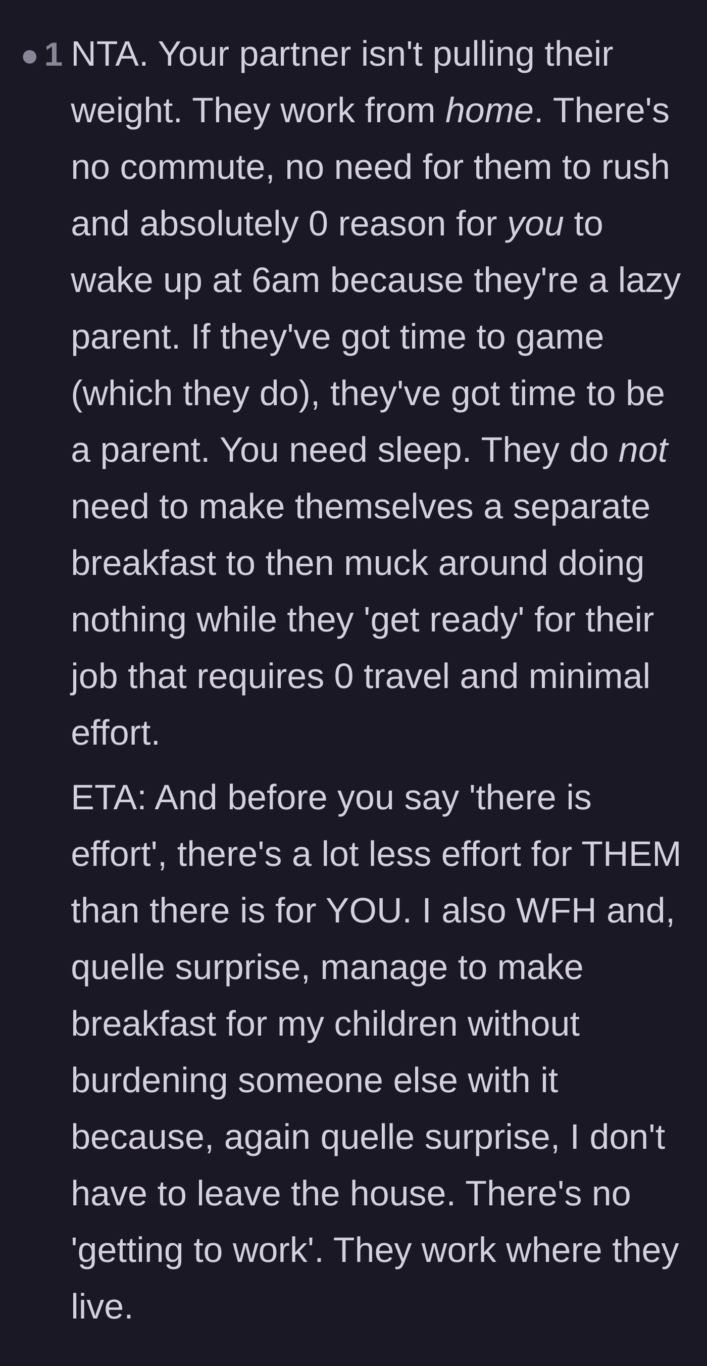 Comment thread 5 - Fellow work-from-home parents calling out the partner's laziness and gaming habits.