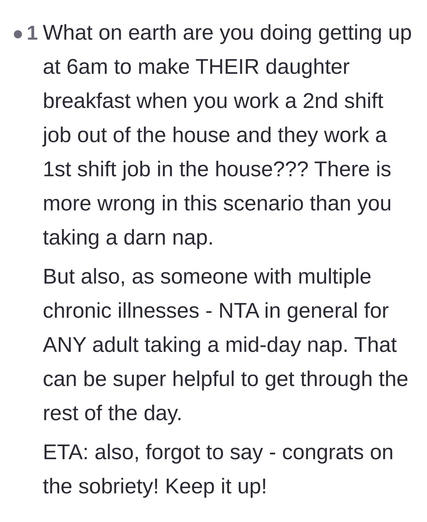Comment thread 6 - Shock at the morning routine, validation for needing a nap, and warm congratulations on her sobriety.