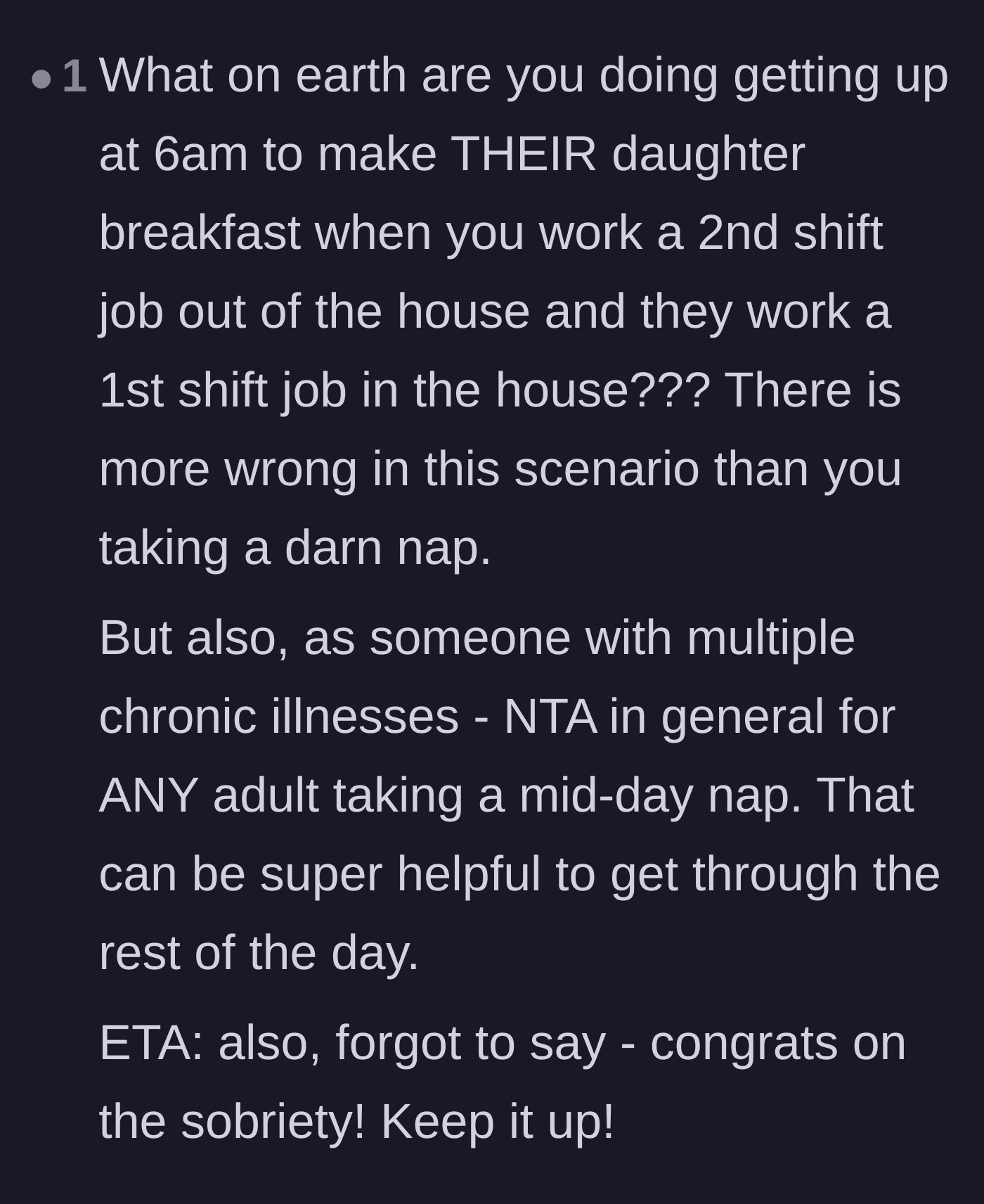 Comment thread 6 - Shock at the morning routine, validation for needing a nap, and warm congratulations on her sobriety.