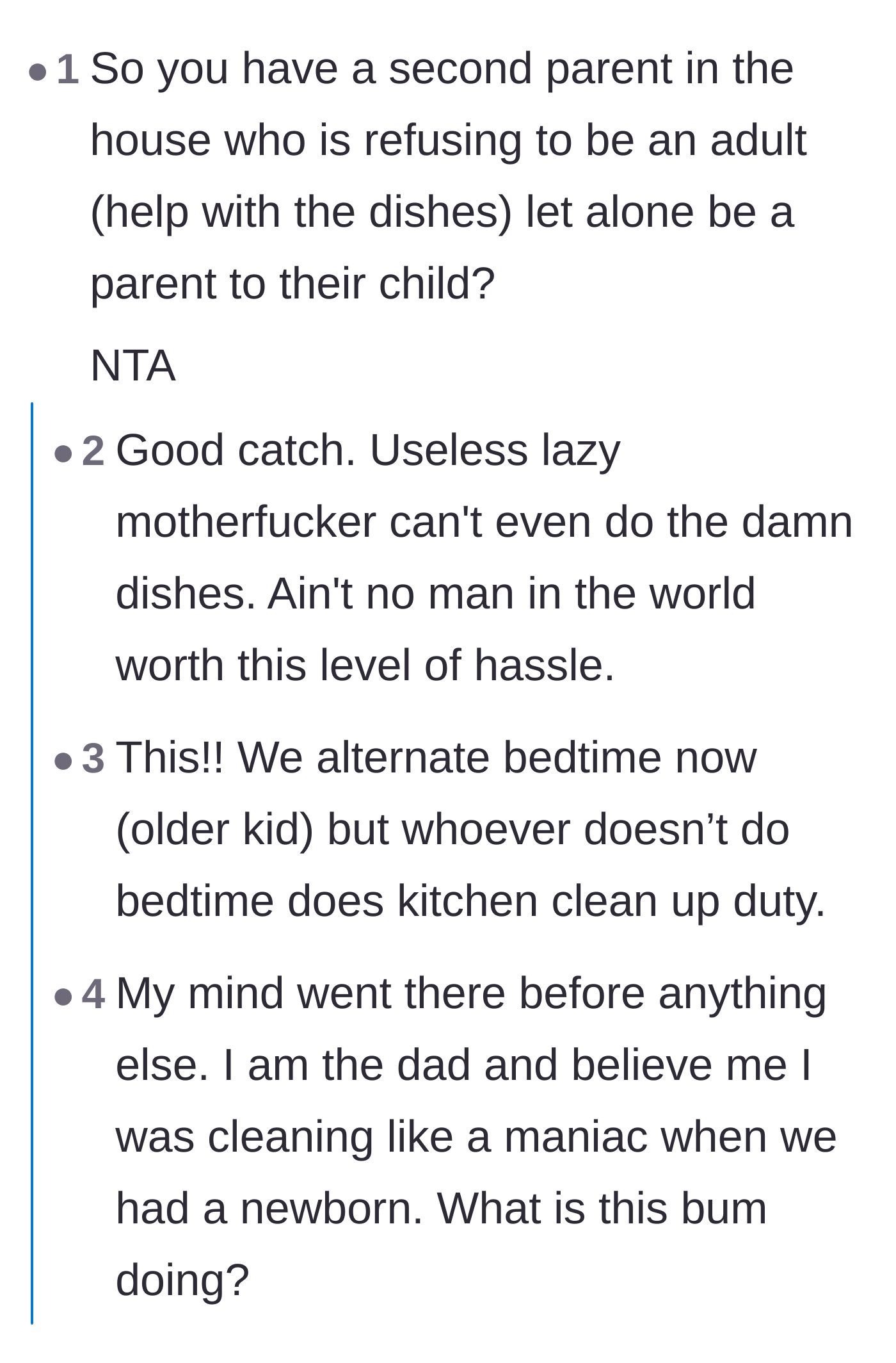 Comment thread 2 - Readers expressing outrage and sharing personal stories about partners who refuse to do basic adult chores or help parent.