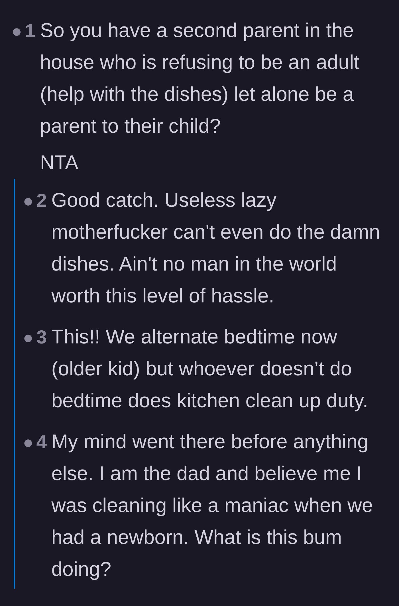 Comment thread 2 - Readers expressing outrage and sharing personal stories about partners who refuse to do basic adult chores or help parent.