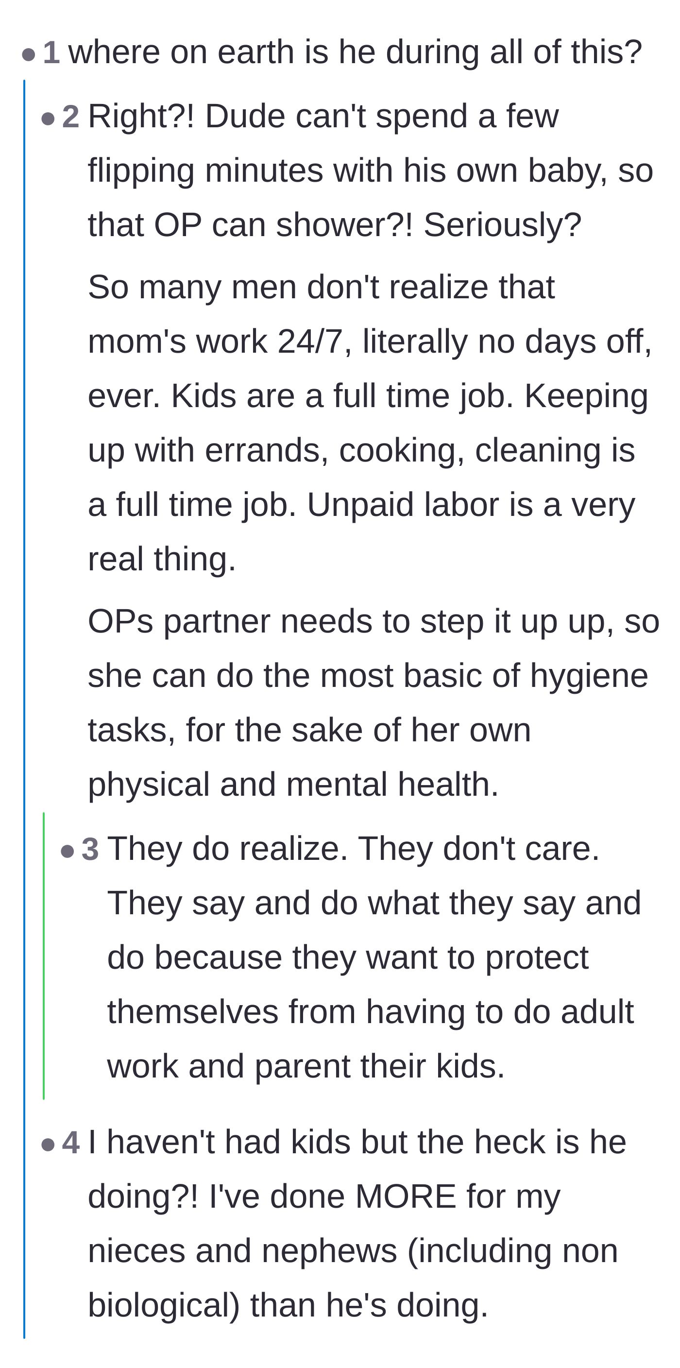 Comment thread 4 - Comments highlighting the invisible, 24/7 nature of a mother's unpaid labor and the boyfriend's complete absence.