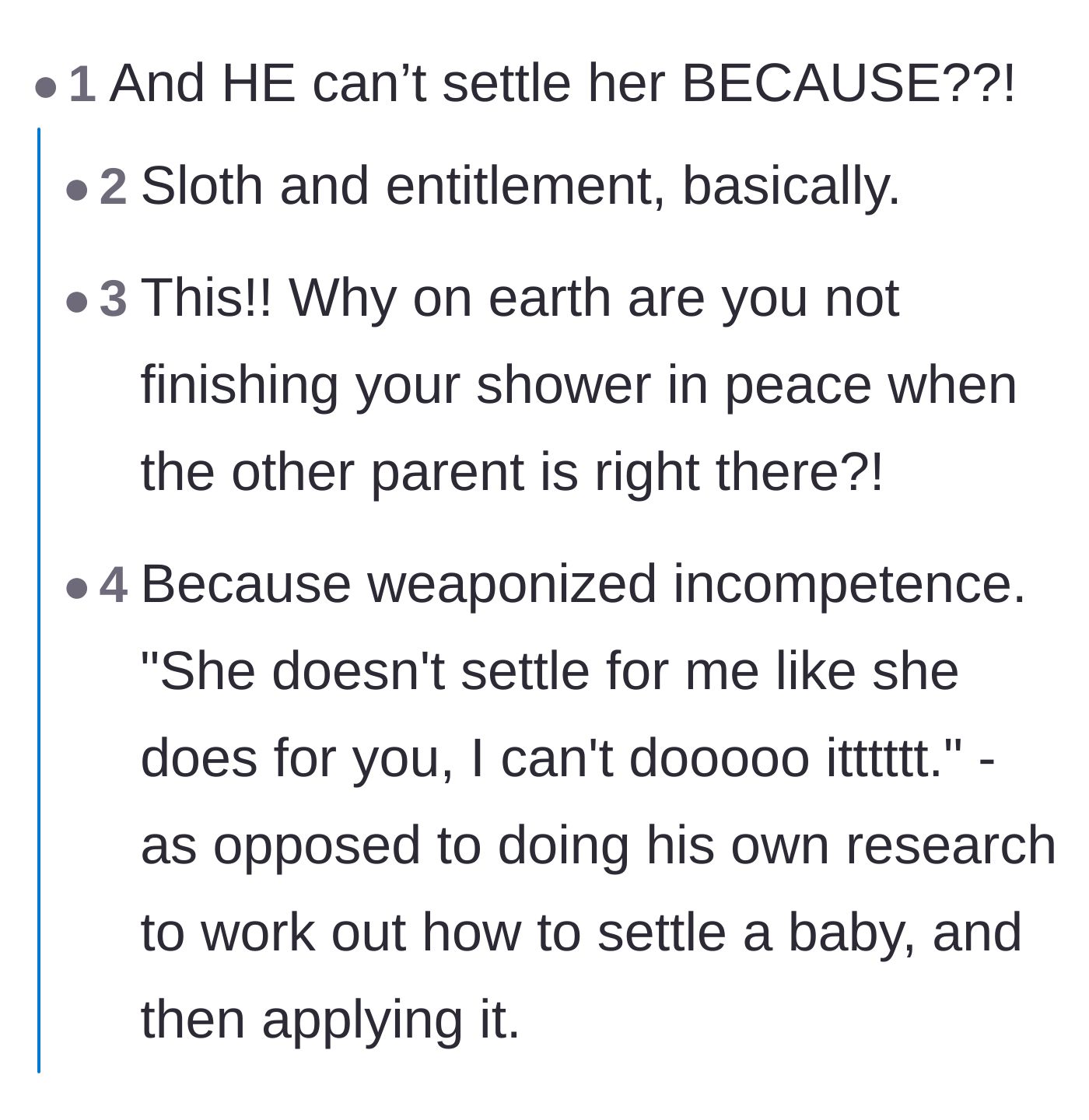 Comment thread 5 - Readers calling out the boyfriend's entitlement and use of weaponized incompetence to avoid soothing his child.
