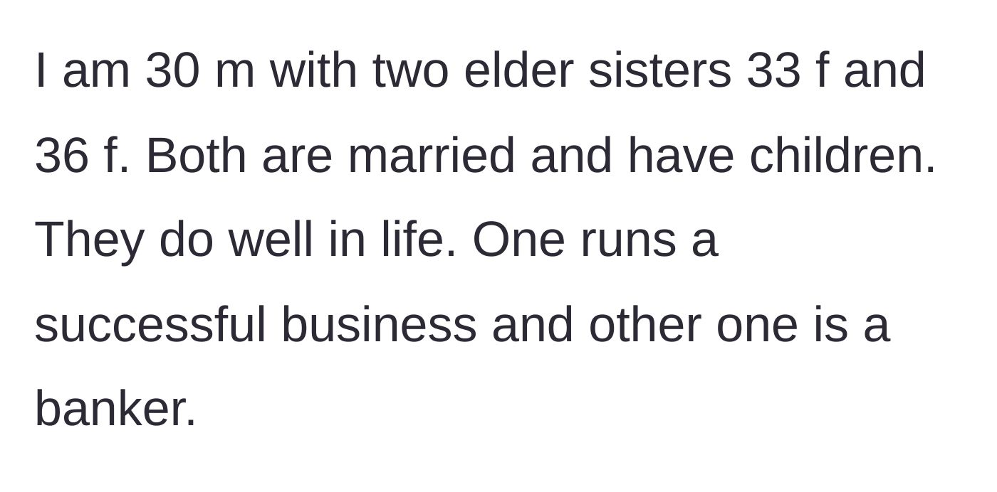 Story part 1 - Introduction to the 30-year-old male main character and his two wealthy, older sisters.