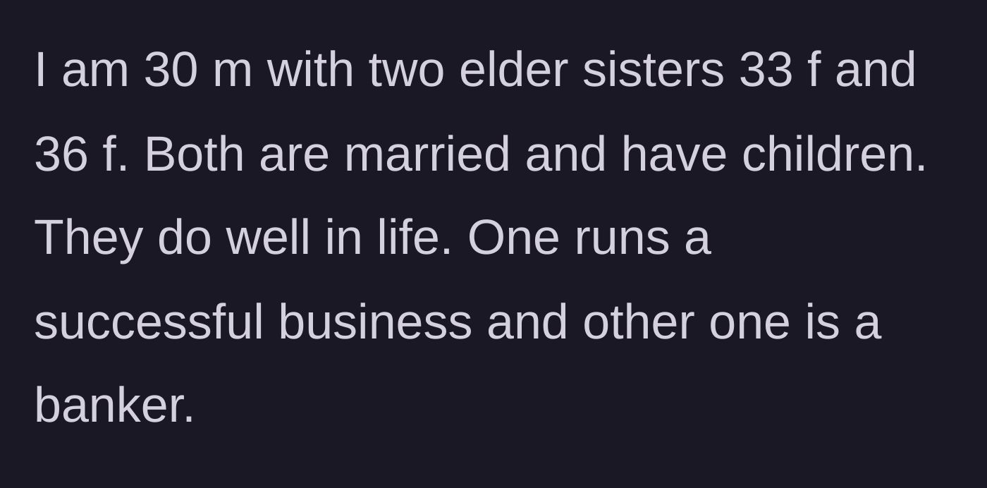 Story part 1 - Introduction to the 30-year-old male main character and his two wealthy, older sisters.