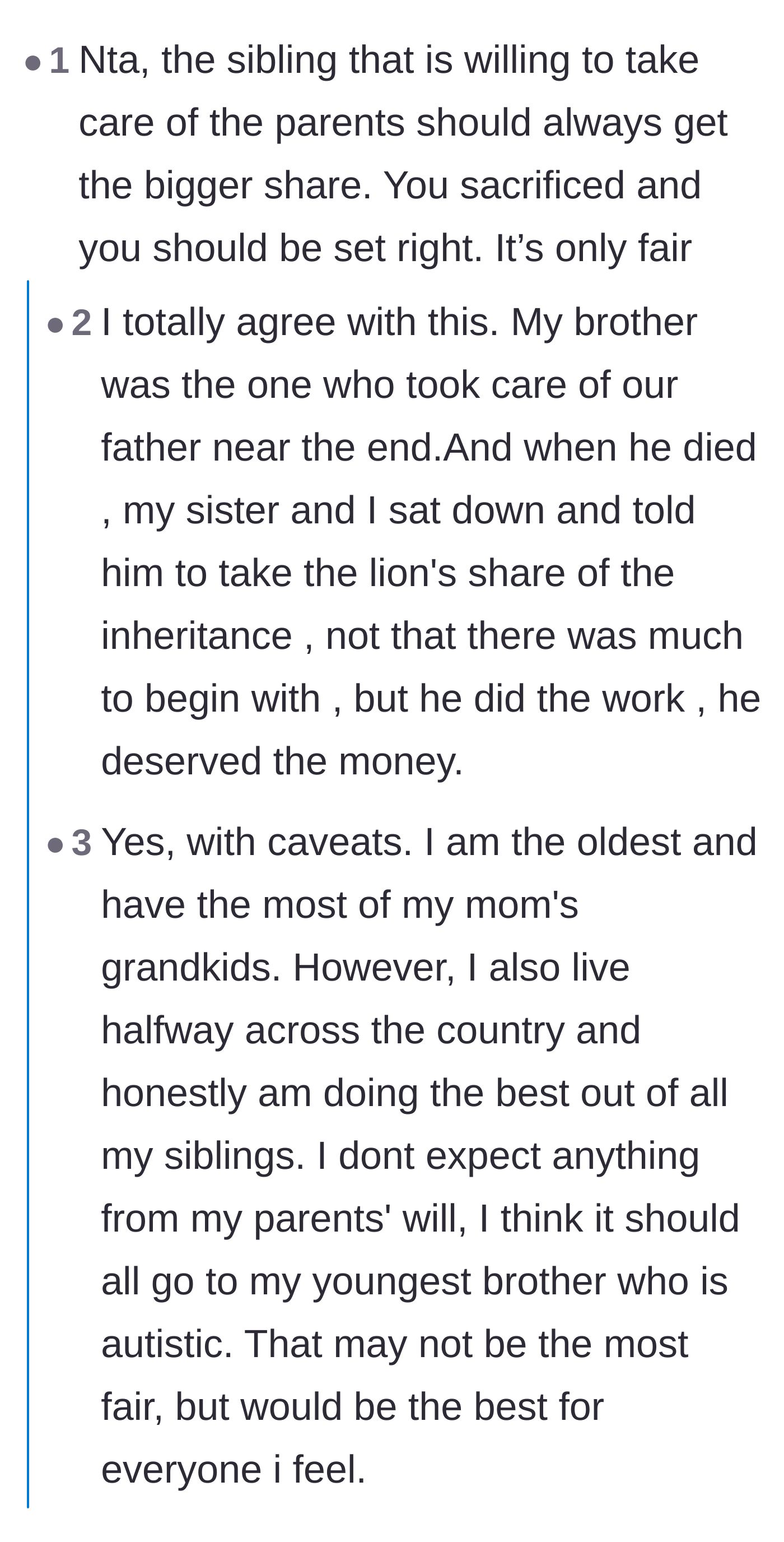 Comment thread 1 - Readers sharing personal stories where caretaking siblings rightfully received the lion's share of the estate.