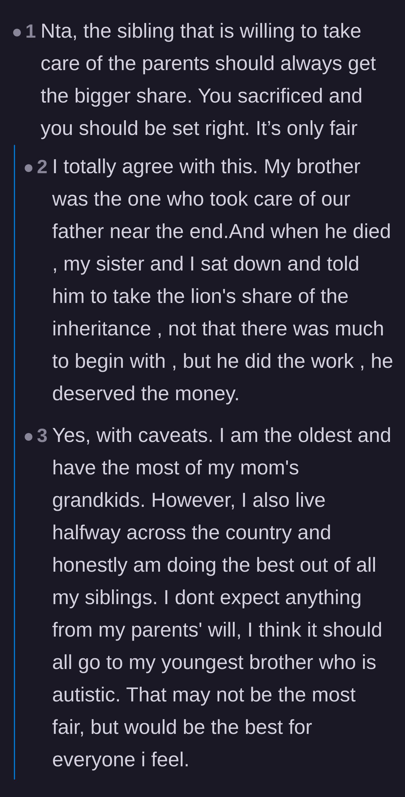 Comment thread 1 - Readers sharing personal stories where caretaking siblings rightfully received the lion's share of the estate.