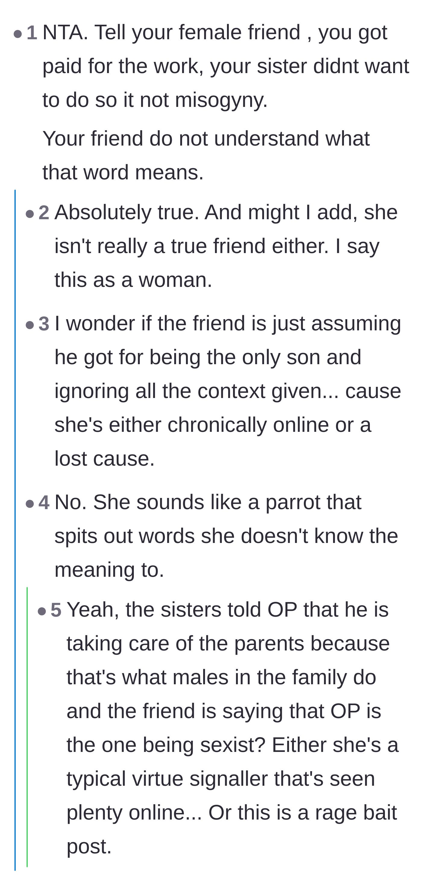 Comment thread 2 - Discussion on the friend incorrectly labeling the main character's well-earned inheritance as misogyny.