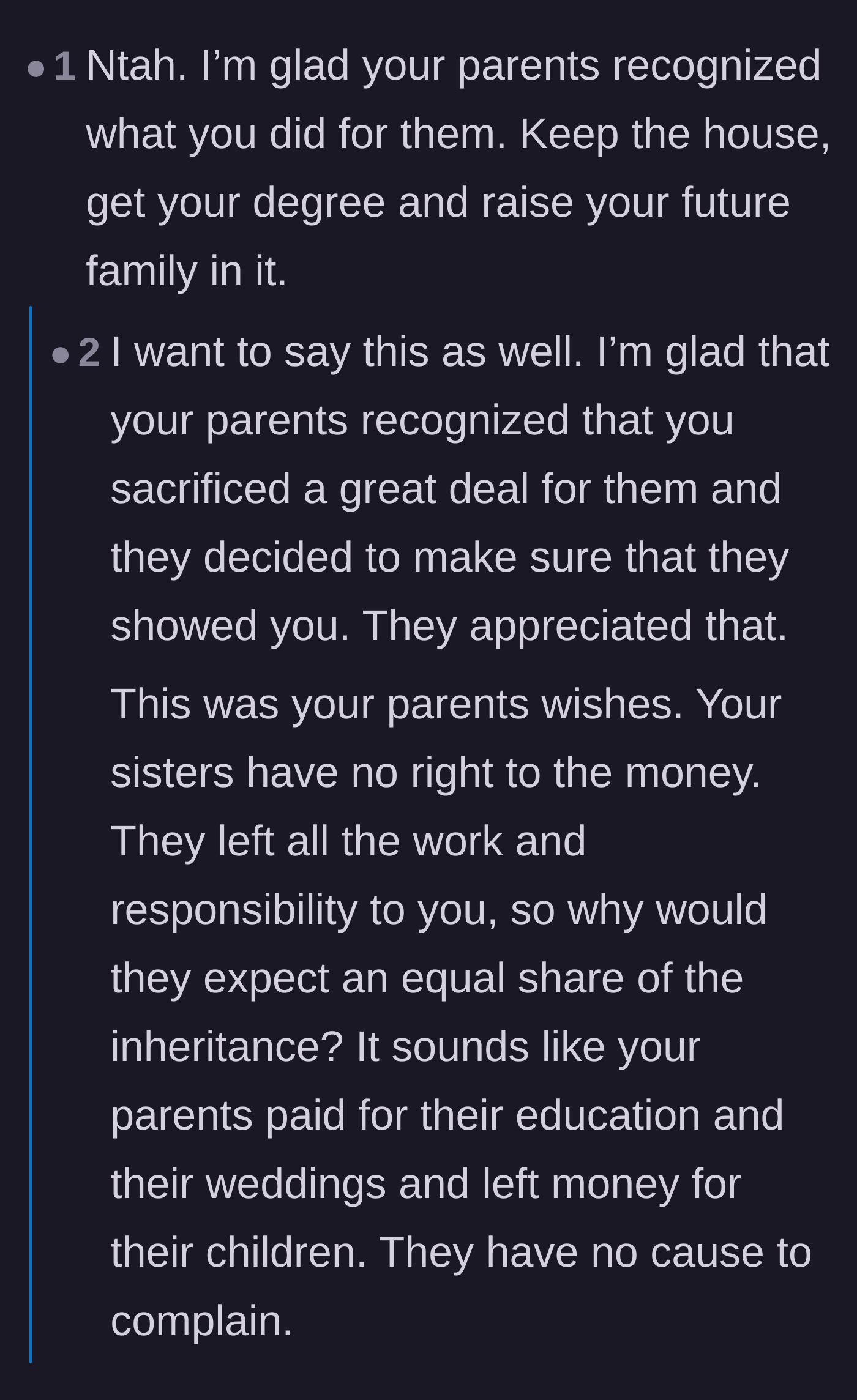 Comment thread 3 - Support for the parents' decision to rewrite the will in recognition of their son's sacrifices.