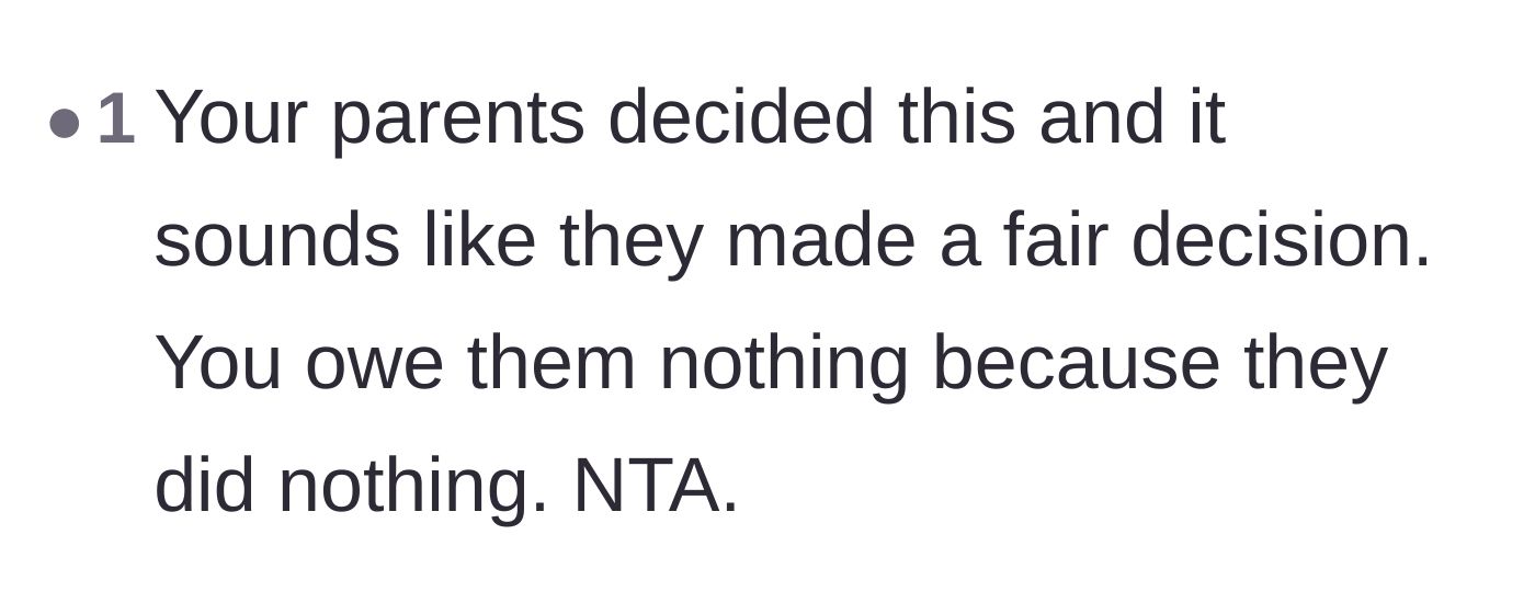 Comment thread 5 - A concise verdict validating that the main character owes his sisters nothing because they contributed nothing.