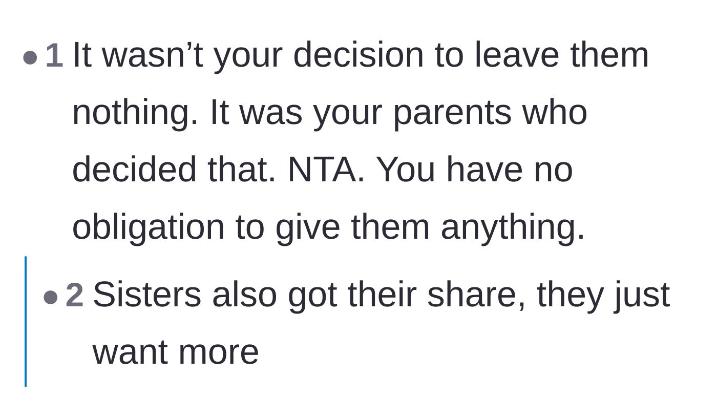 Comment thread 6 - Pointing out that the inheritance distribution was the parents' choice and the sisters are simply being greedy.