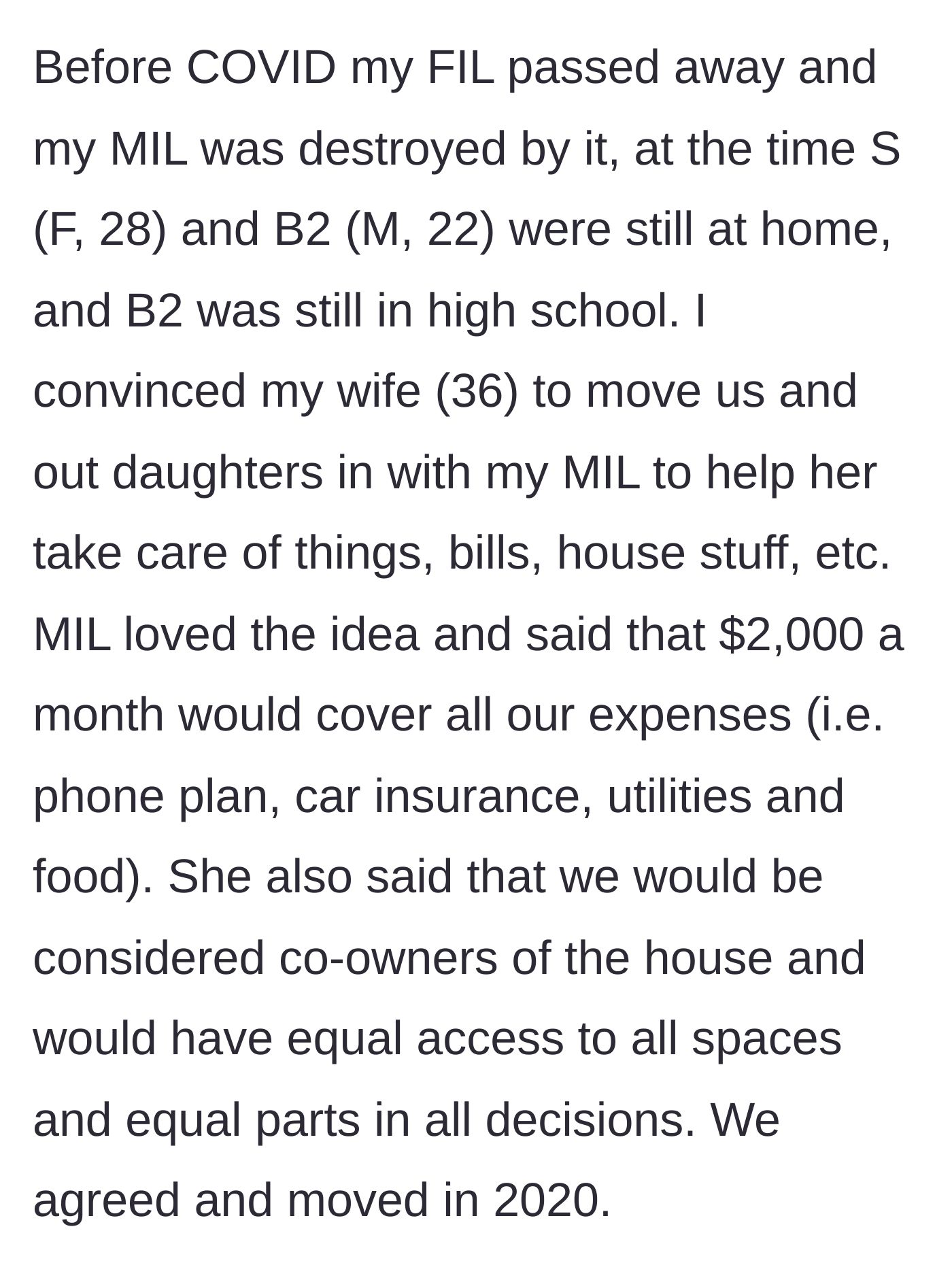 Story part 1 - Moving in with mother-in-law after father-in-law's passing under a $2,000 a month co-ownership agreement.