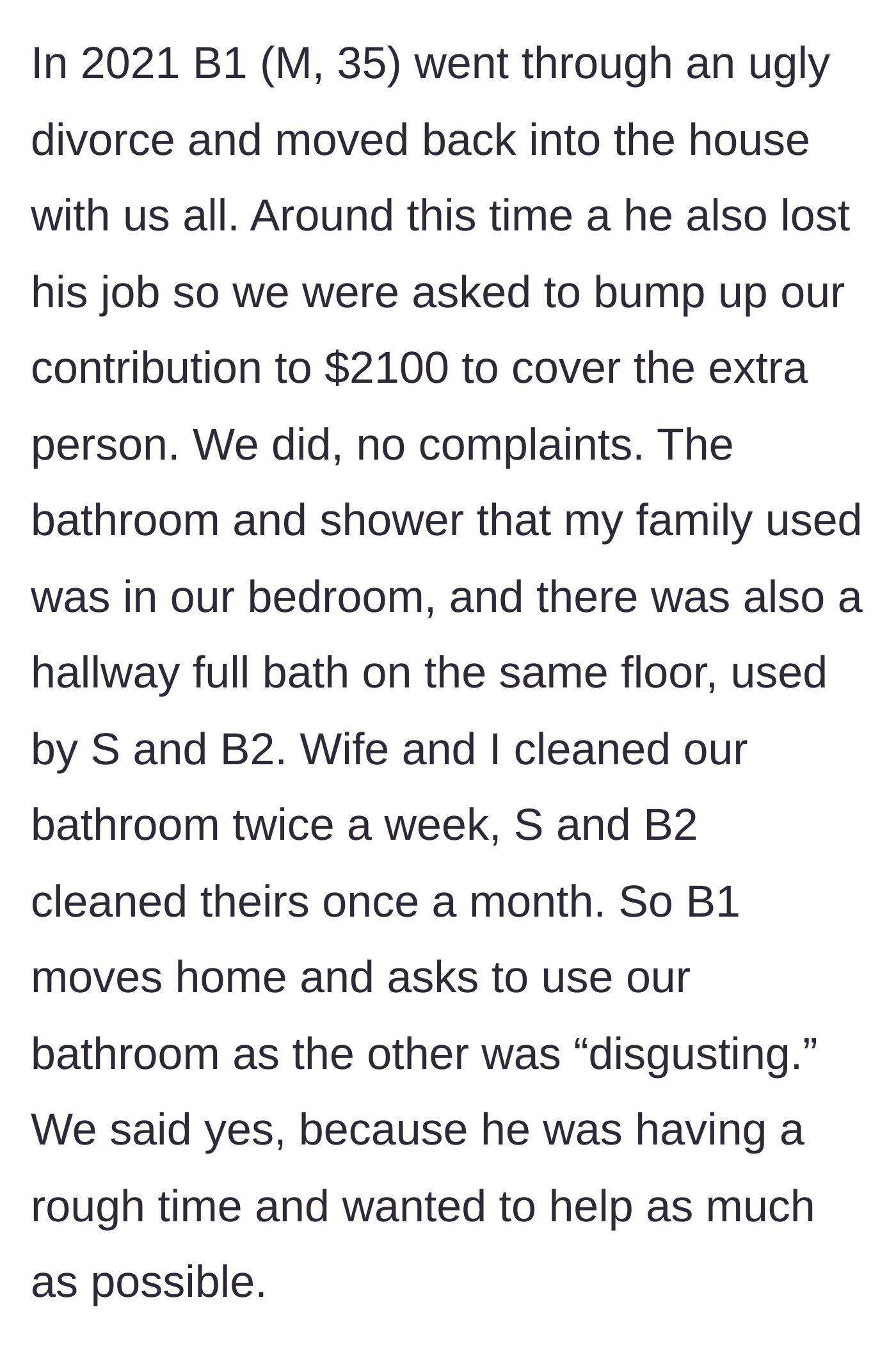Story part 2 - Brother-in-law moves in after a divorce and uses the main character's bathroom to avoid the dirty one.