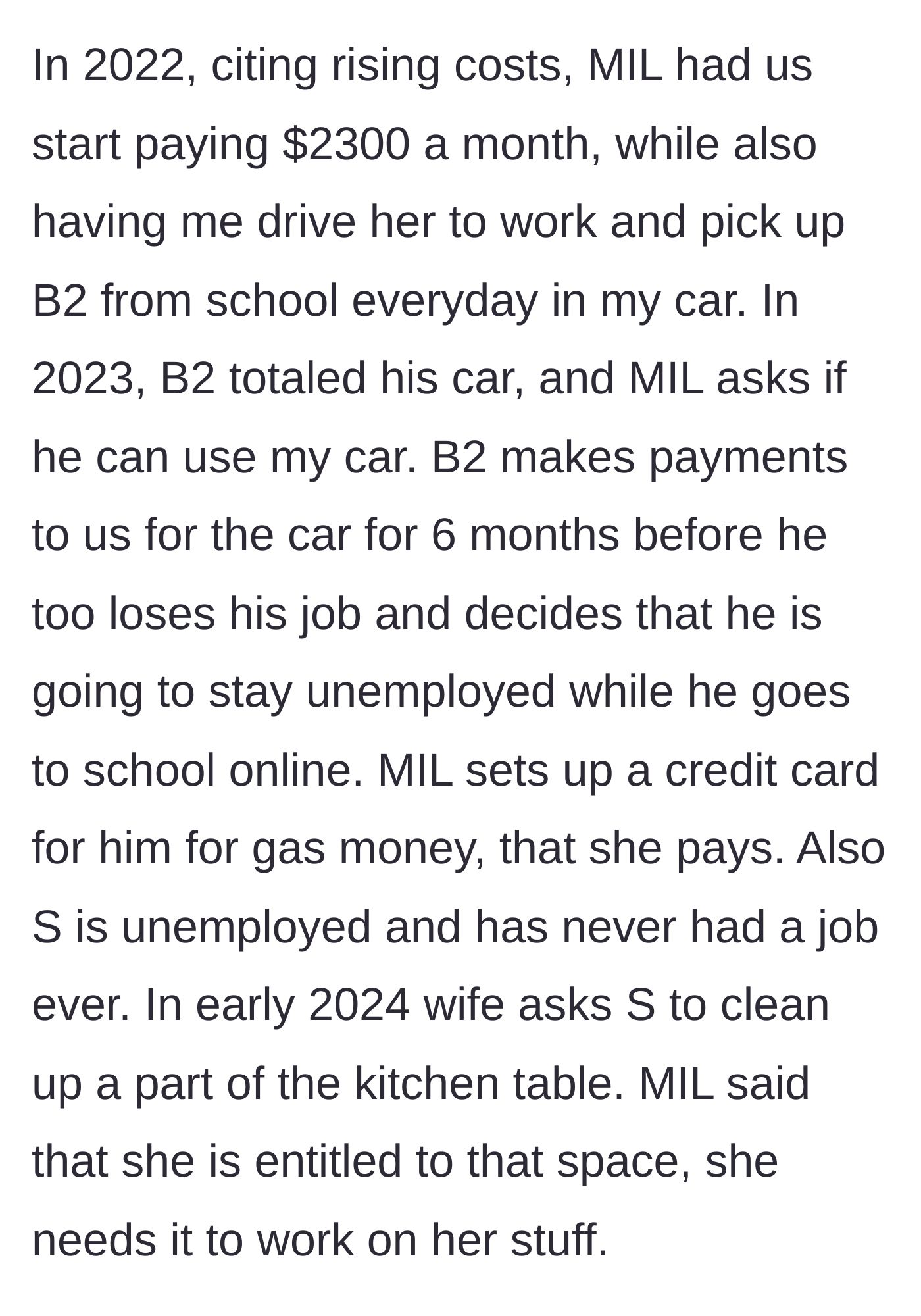 Story part 3 - Rent increases to $2,300, brother-in-law takes over the main character's car, and siblings remain unemployed.