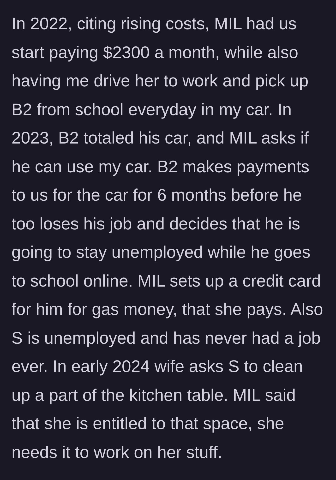 Story part 3 - Rent increases to $2,300, brother-in-law takes over the main character's car, and siblings remain unemployed.