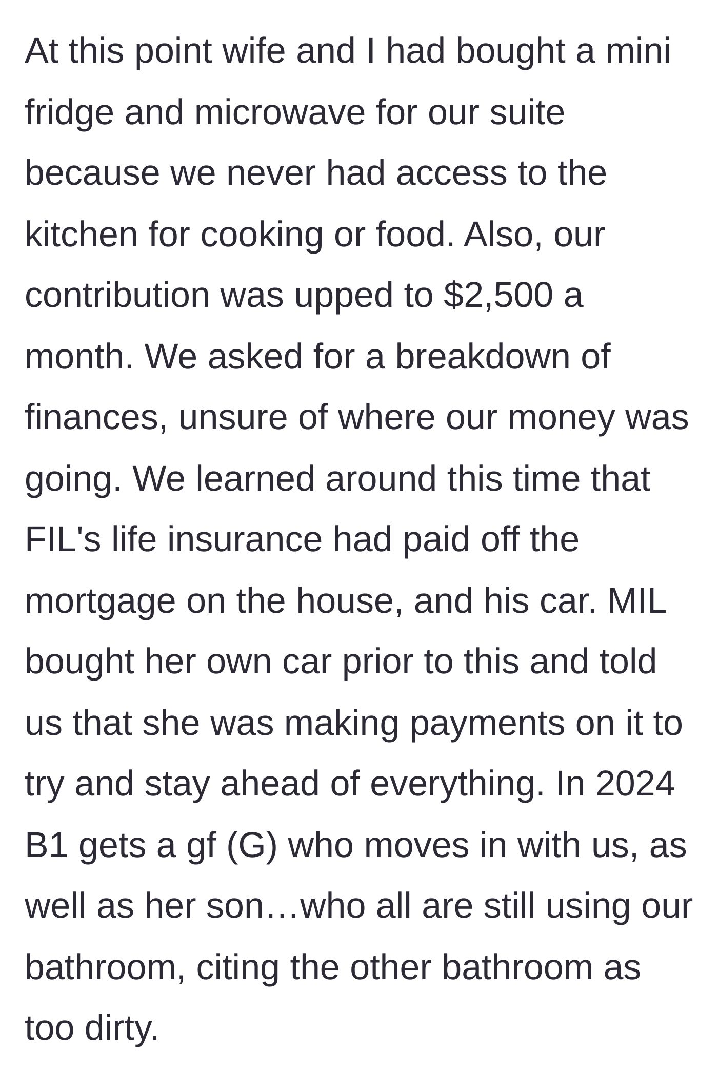 Story part 4 - Living out of a mini-fridge, rent hits $2,500, the mortgage is revealed to be paid off, and more people move in.