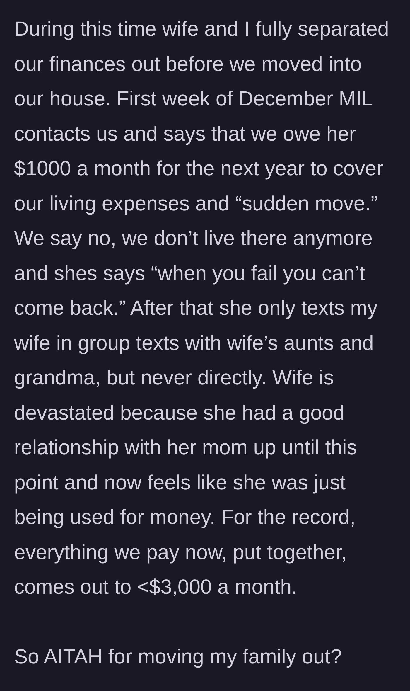 Story part 7 - Mother-in-law demands a $1,000 monthly exit tax, cuts off direct contact, and the main character realizes true financial freedom.