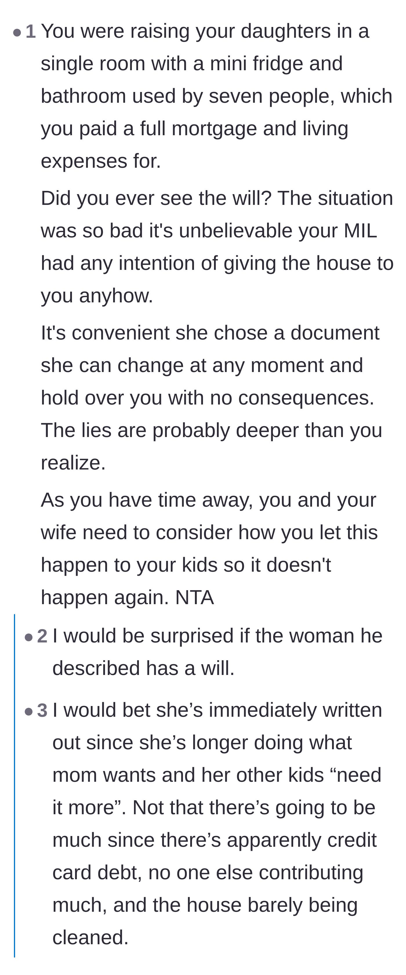 Comment thread 2 - Debate over the mother-in-law's will and the unacceptable living conditions for the children.