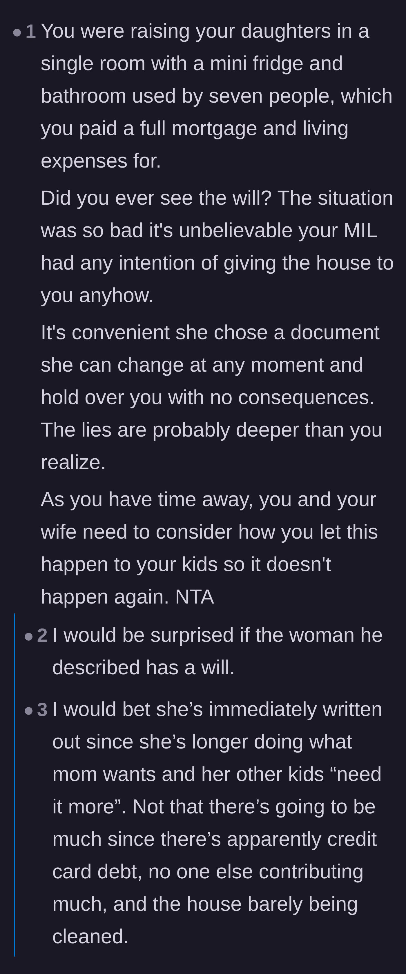 Comment thread 2 - Debate over the mother-in-law's will and the unacceptable living conditions for the children.