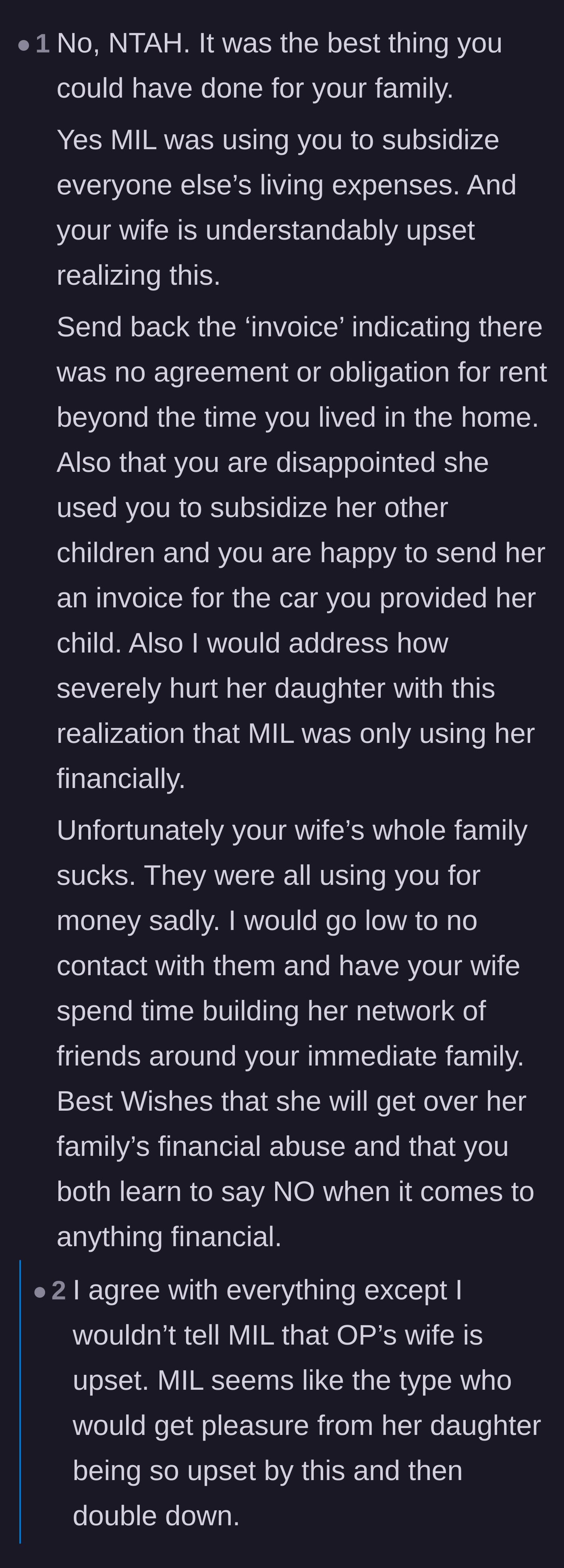 Comment thread 3 - Advice on returning the mother-in-law's fake invoice and protecting the wife's peace.