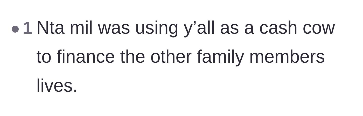 Comment thread 5 - A blunt summary of the mother-in-law treating the couple as a literal cash cow.