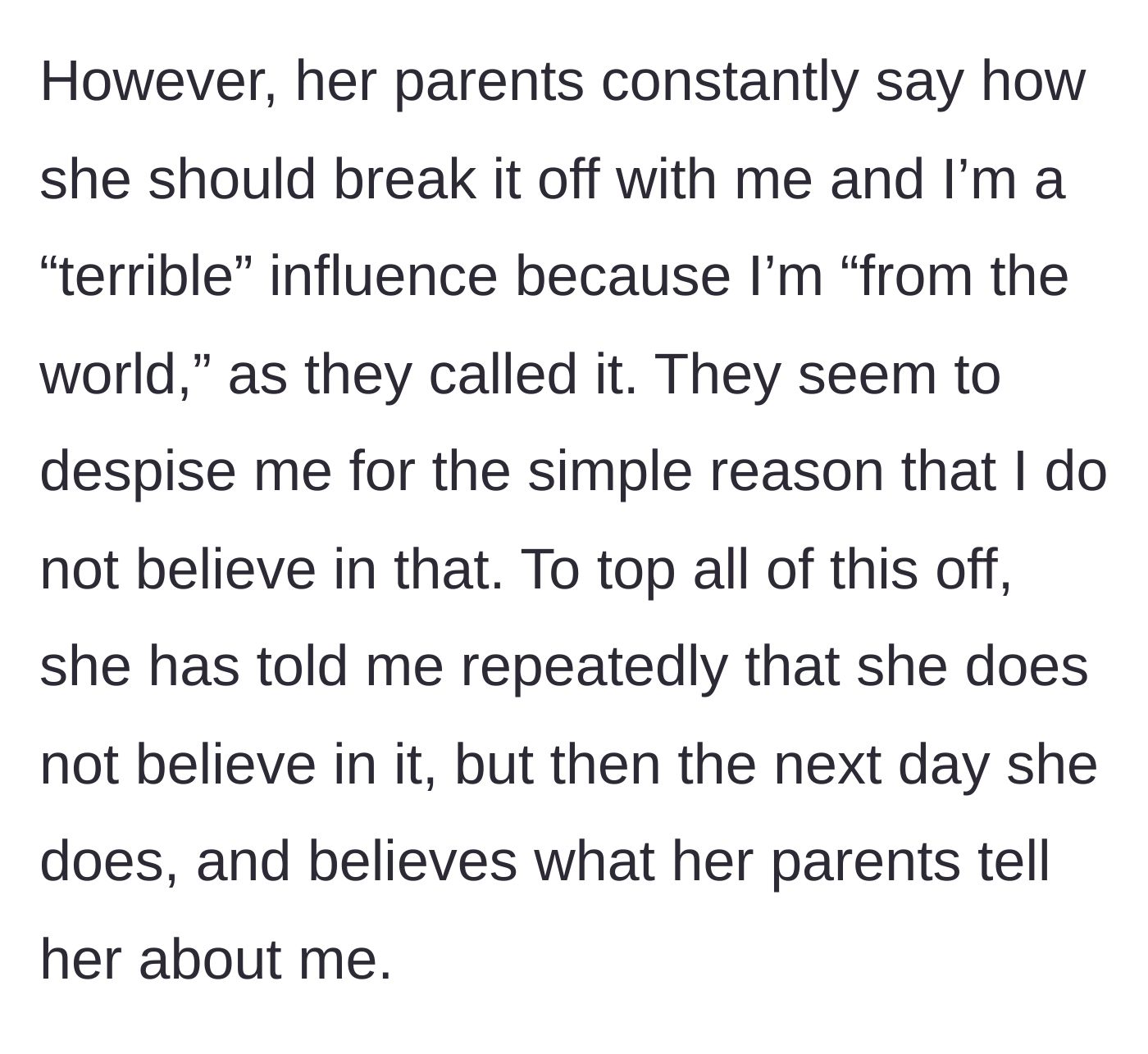 Story part 2 - The friend's parents condemning the main character as worldly, while the friend hypocritically flip-flops on her beliefs.