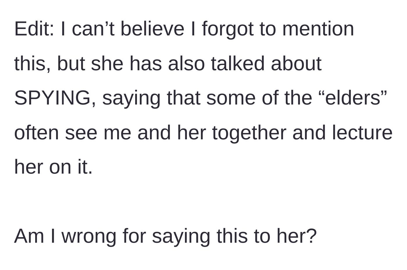 Story part 5 - An added detail about community elders spying on the two friends and lecturing the sheltered daughter.