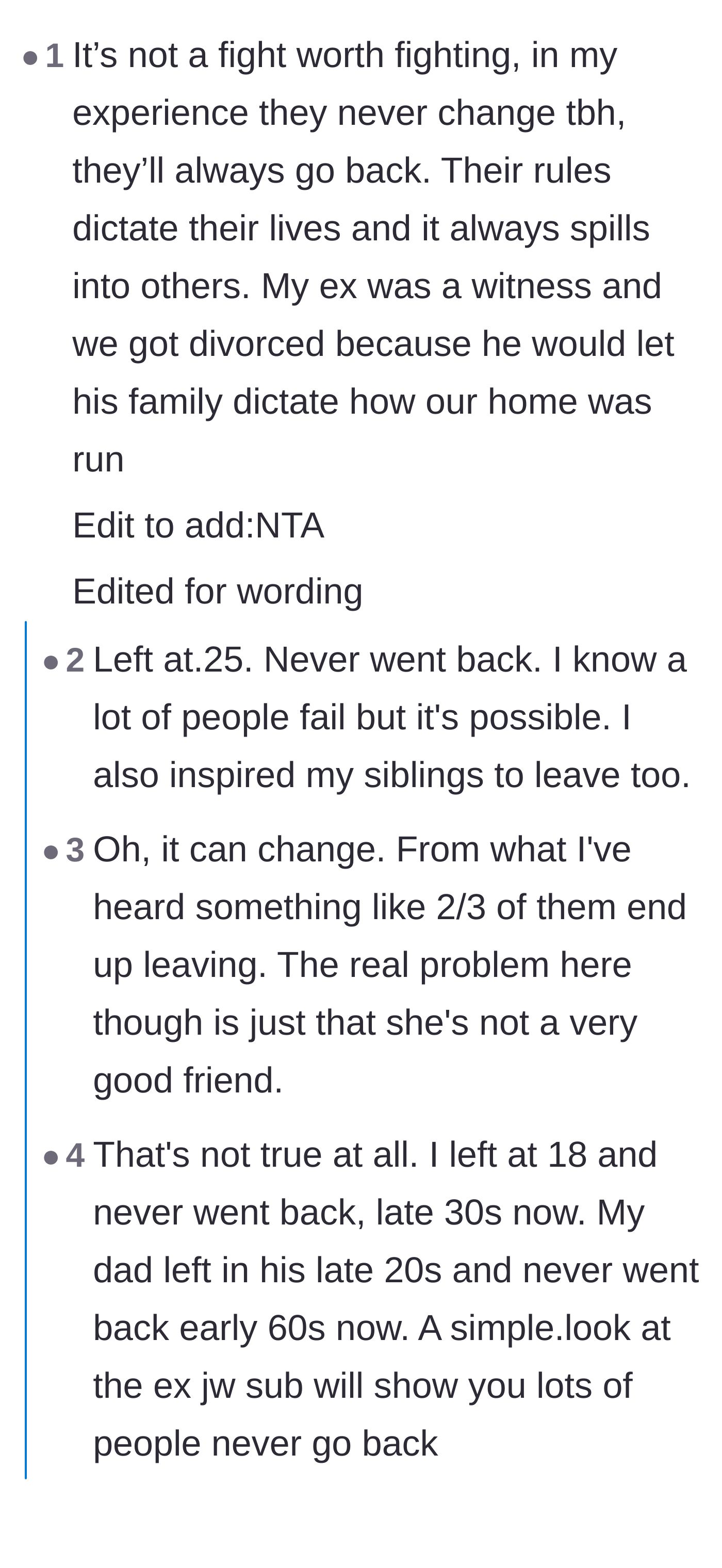 Comment thread 2 - Former members sharing their personal stories about the harsh reality of leaving the church and the high relapse rate.