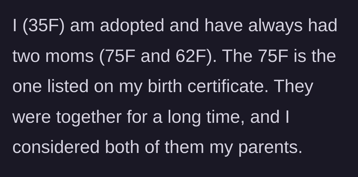 Story part 1 - A 35-year-old adopted woman introduces her two mothers, 75 and 62, whom she loved equally.