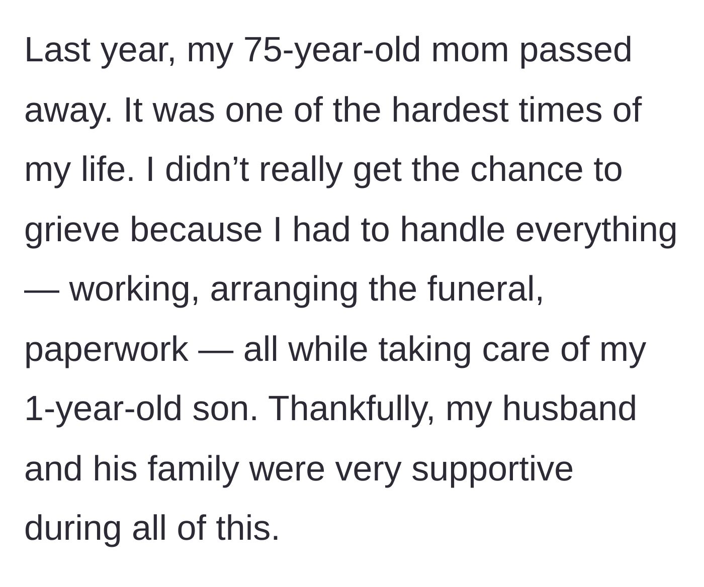 Story part 2 - The daughter struggles to manage her older mother's funeral, work, and a baby, while barely having time to grieve.