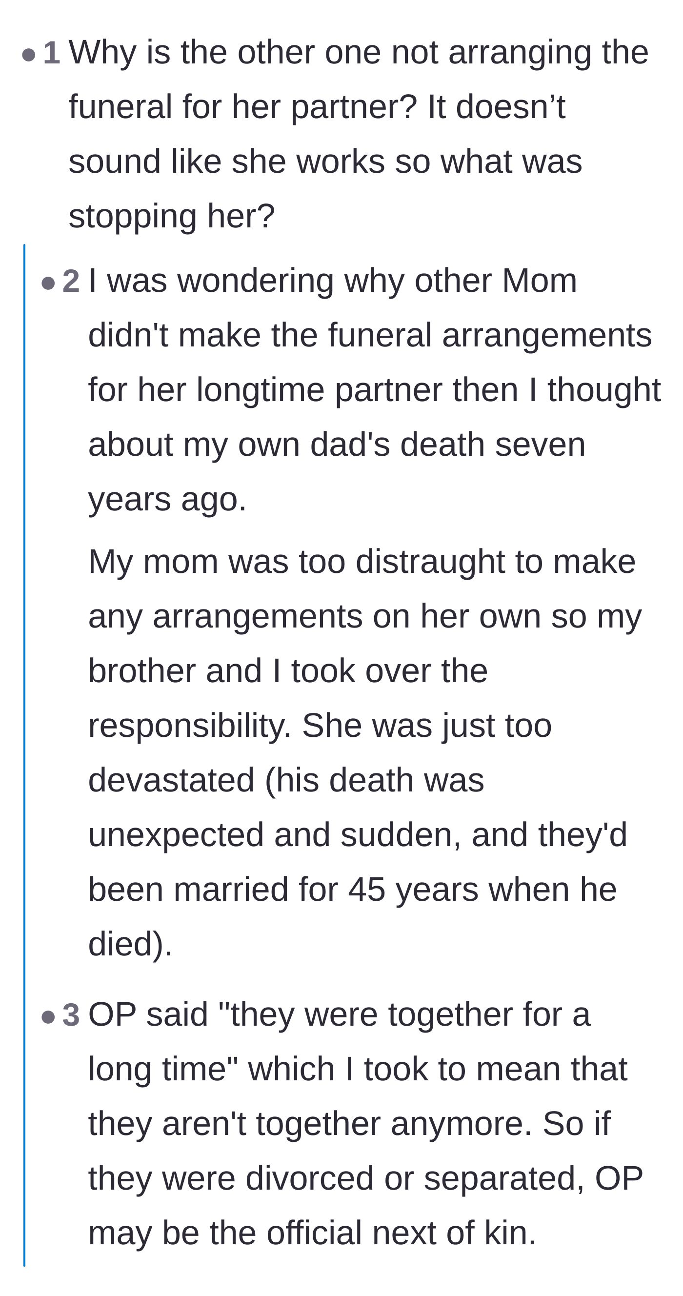 Comment thread 2 - A discussion about how grief paralyzes some parents, forcing children to take over funeral logistics.