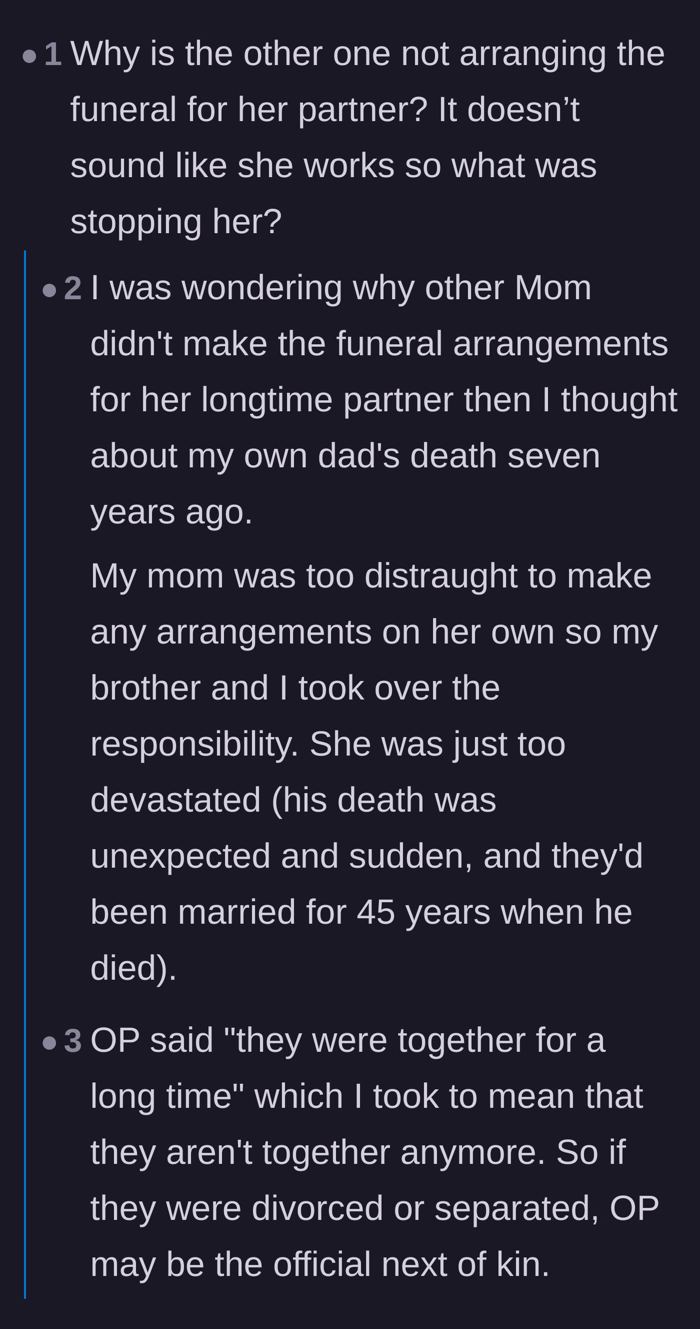 Comment thread 2 - A discussion about how grief paralyzes some parents, forcing children to take over funeral logistics.