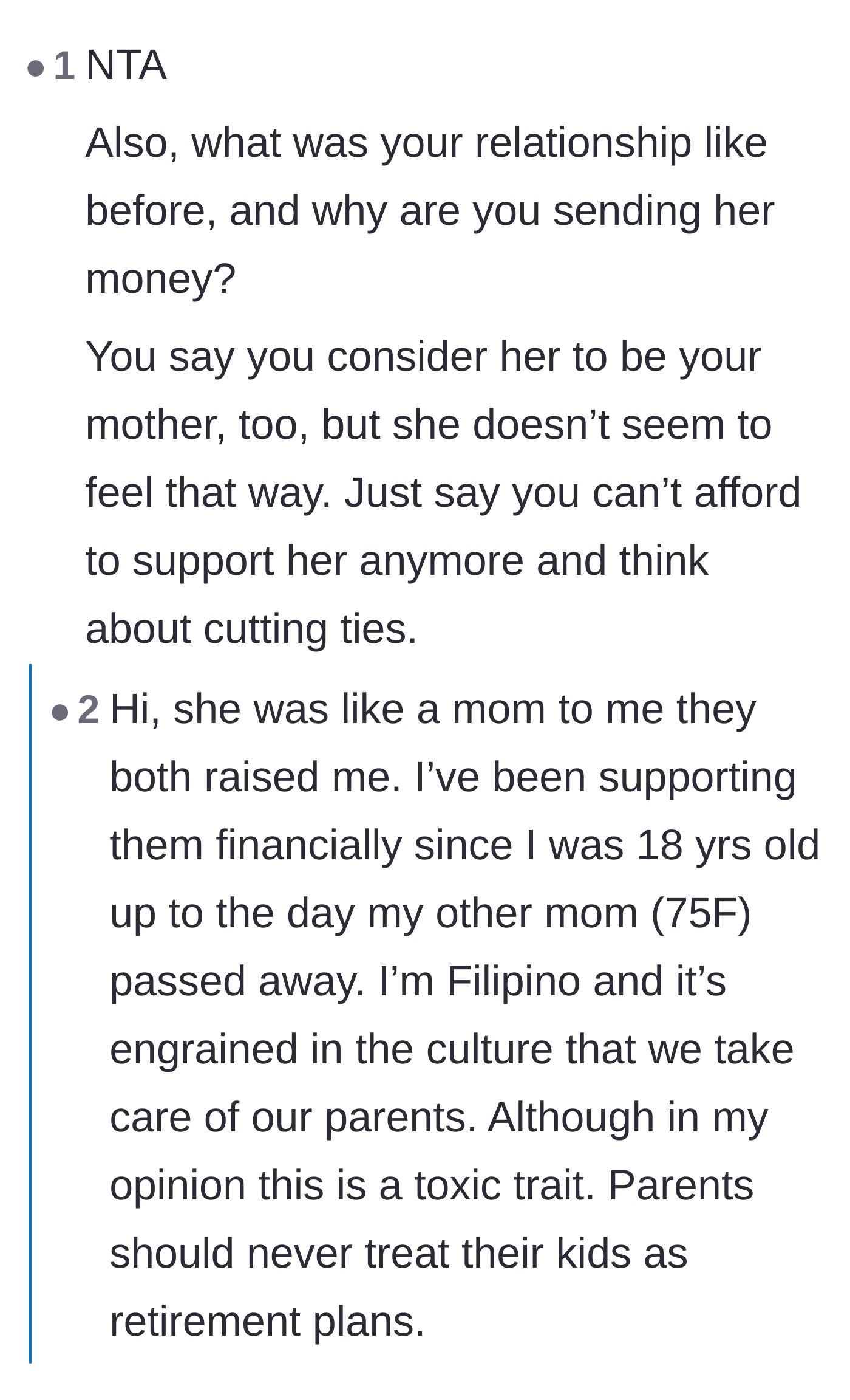Comment thread 5 - The main character explains the cultural expectation of funding her parents, and commenters urge her to break the cycle.