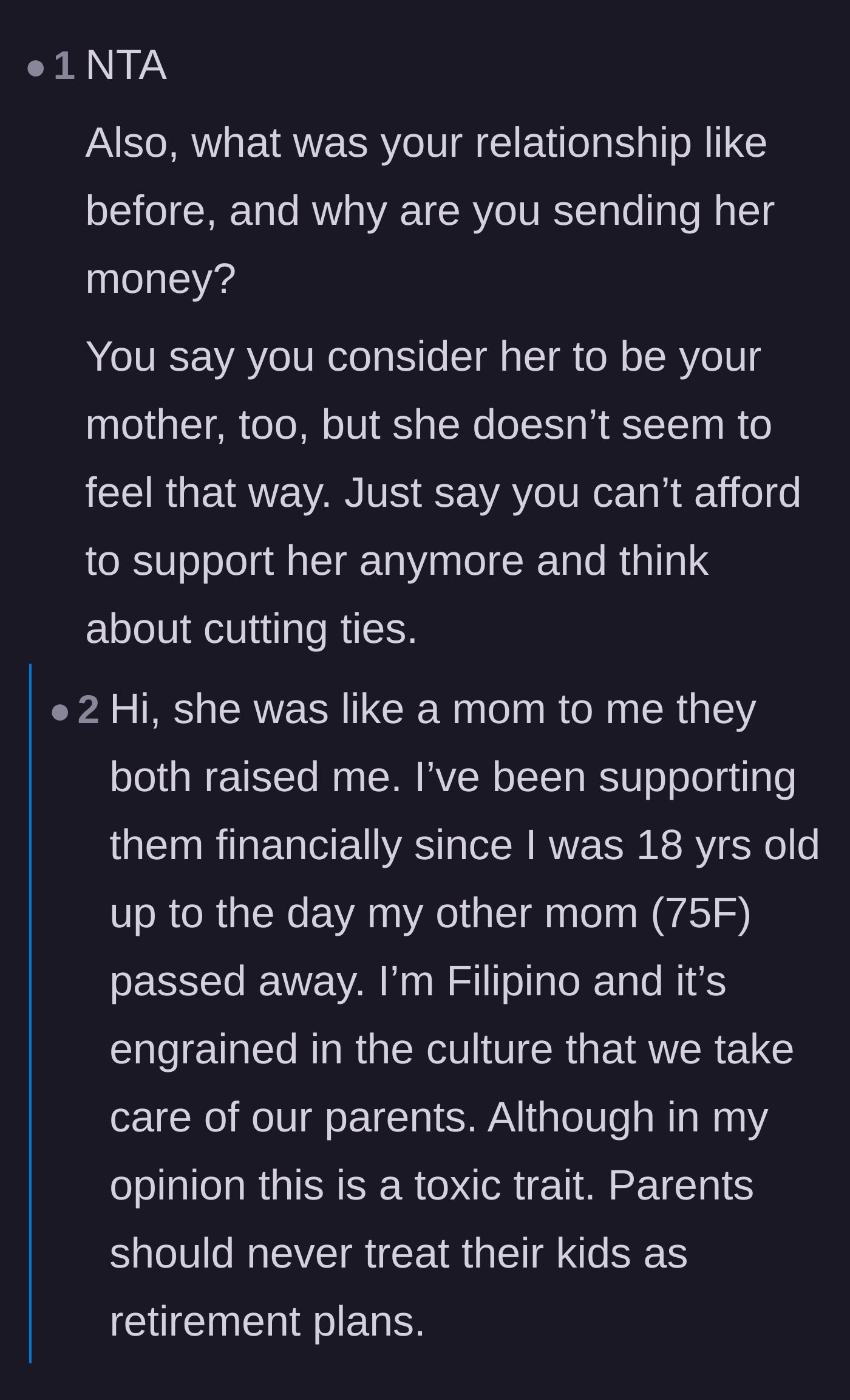Comment thread 5 - The main character explains the cultural expectation of funding her parents, and commenters urge her to break the cycle.