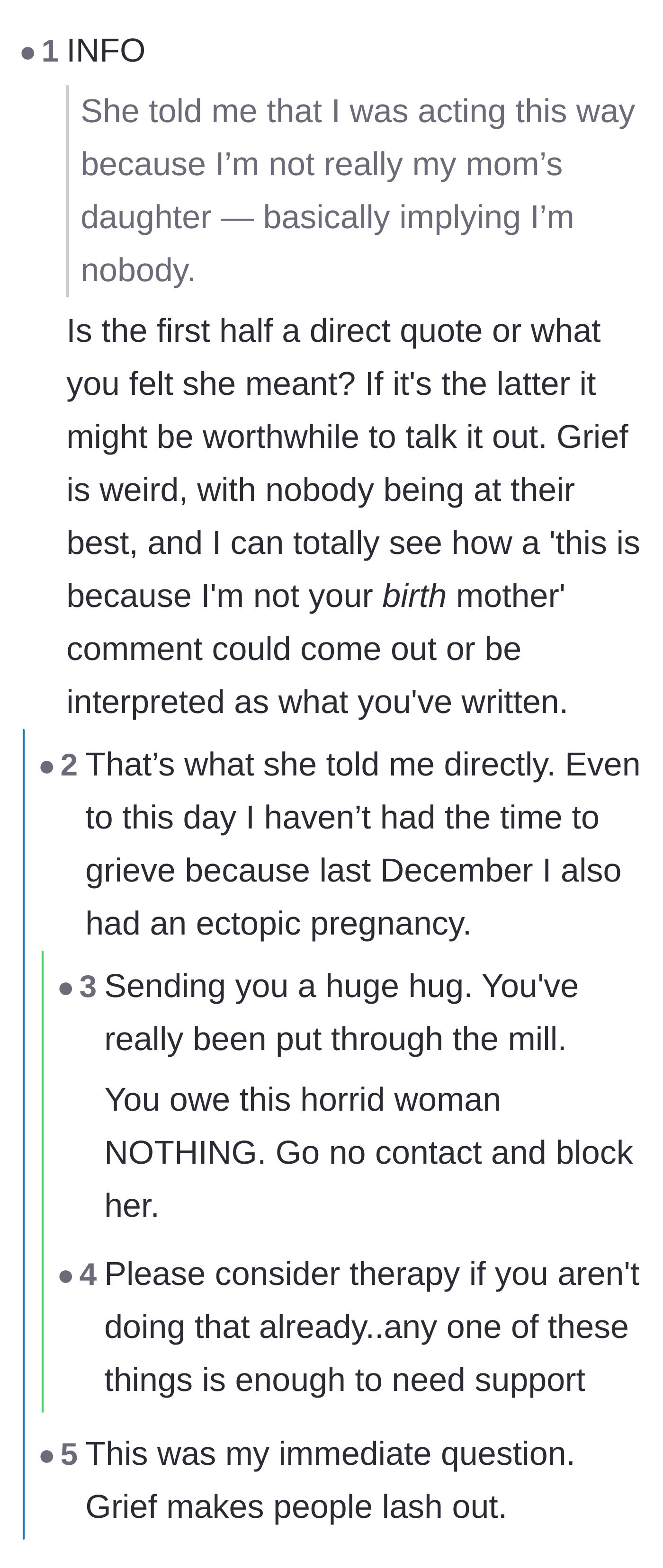 Comment thread 6 - The main character confirms the mother's exact cruel words and reveals she was also suffering from a recent pregnancy loss.