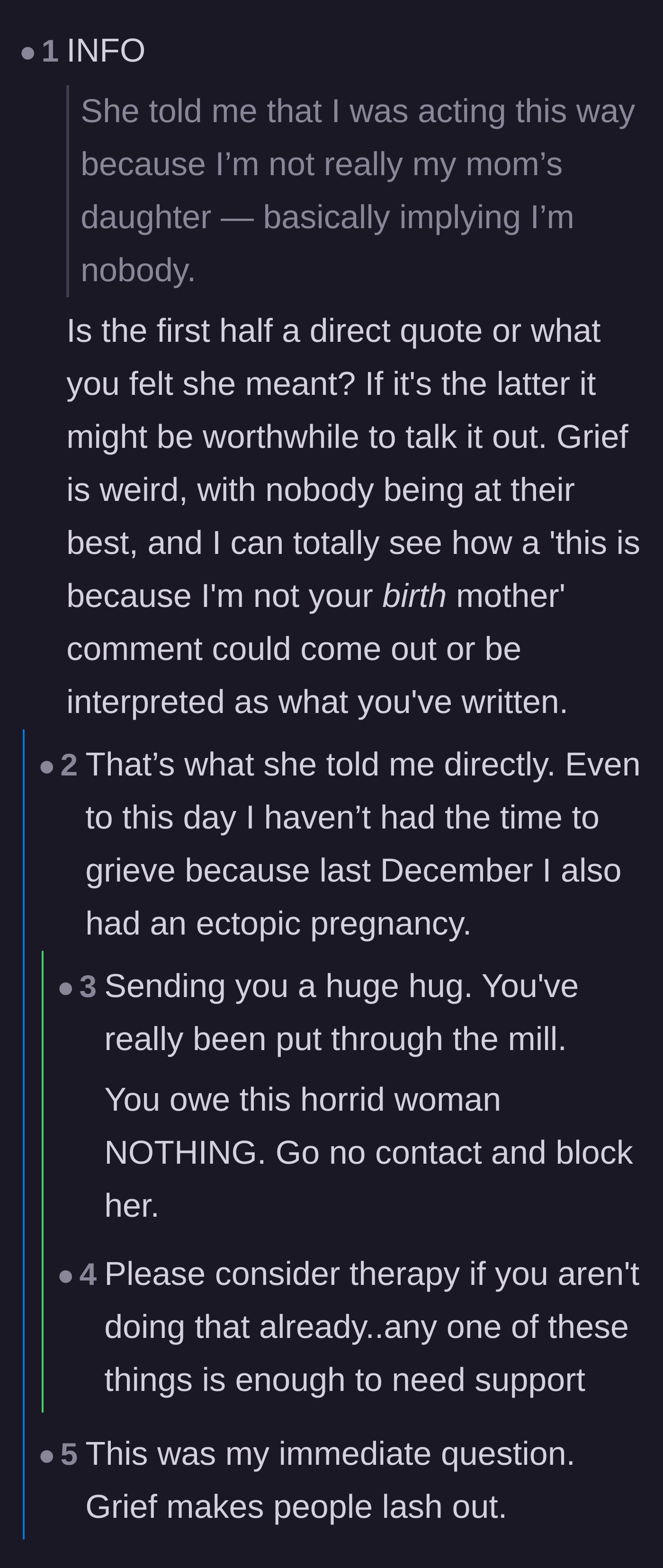 Comment thread 6 - The main character confirms the mother's exact cruel words and reveals she was also suffering from a recent pregnancy loss.