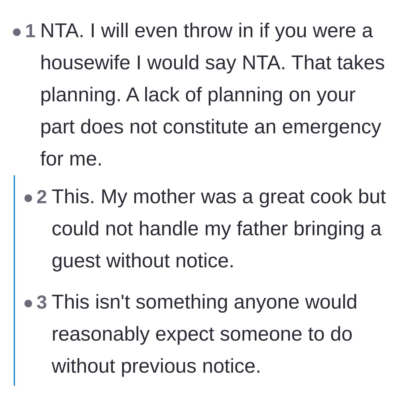 Comment thread 5 - Explaining why springing surprise dinner guests on anyone, even a homemaker, is completely unfair