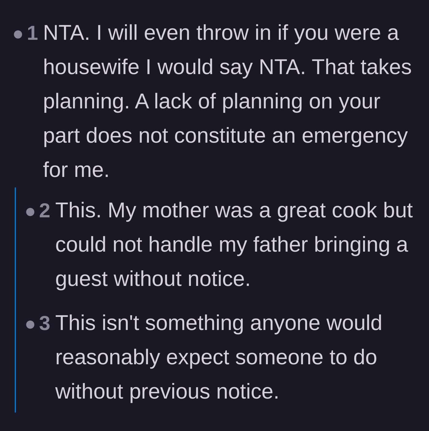 Comment thread 5 - Explaining why springing surprise dinner guests on anyone, even a homemaker, is completely unfair