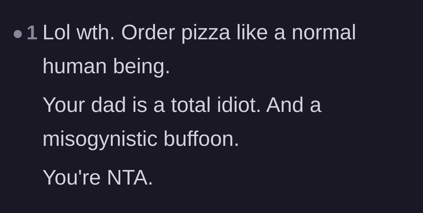 Comment thread 6 - Criticizing the father's sexist attitude and suggesting he simply order pizza like a normal host
