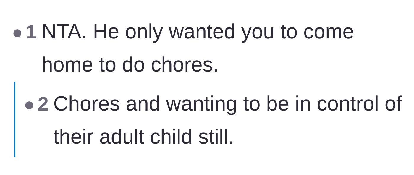 Comment thread 1 - Discussing the father's obvious motive to bring her home solely for chores and control.